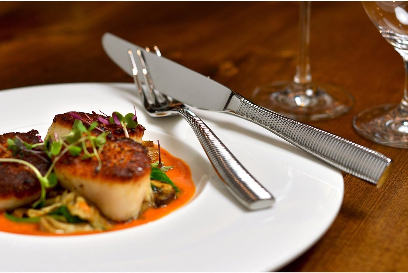 image:imageFortessa Lucca Faceted 1810 Stainless Steel Flatware Serving Spoon 9InchRingo