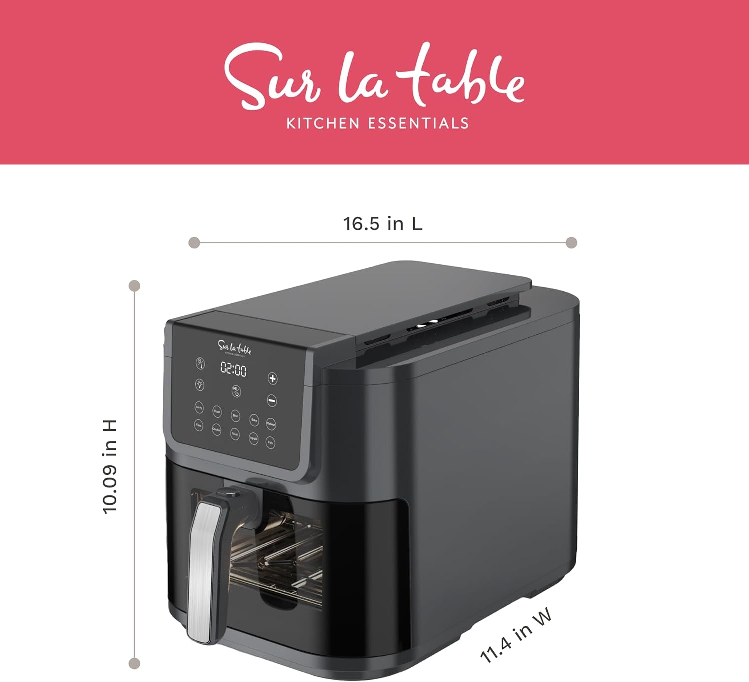 image:imageSUR LA TABLE KITCHEN ESSENTIALS 5in1 Compact 8Quart Basket Air Fryer with Window for Easy Viewing Digital Touchscreen Display with 10Presets Air Fry Bake Broil and Reheat in Minutes 1500w