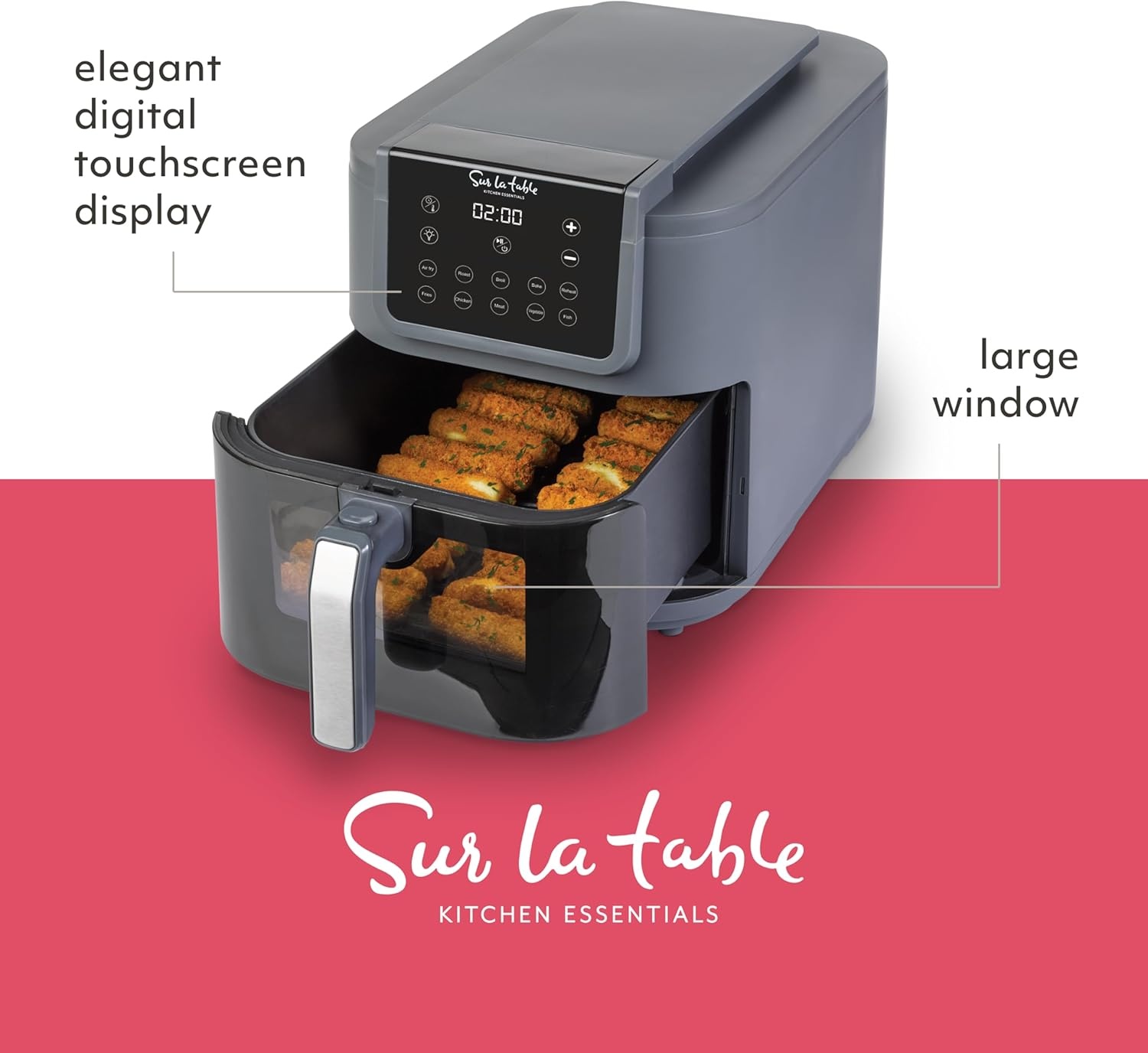 image:imageSUR LA TABLE KITCHEN ESSENTIALS 5in1 Compact 8Quart Basket Air Fryer with Window for Easy Viewing Digital Touchscreen Display with 10Presets Air Fry Bake Broil and Reheat in Minutes 1500w