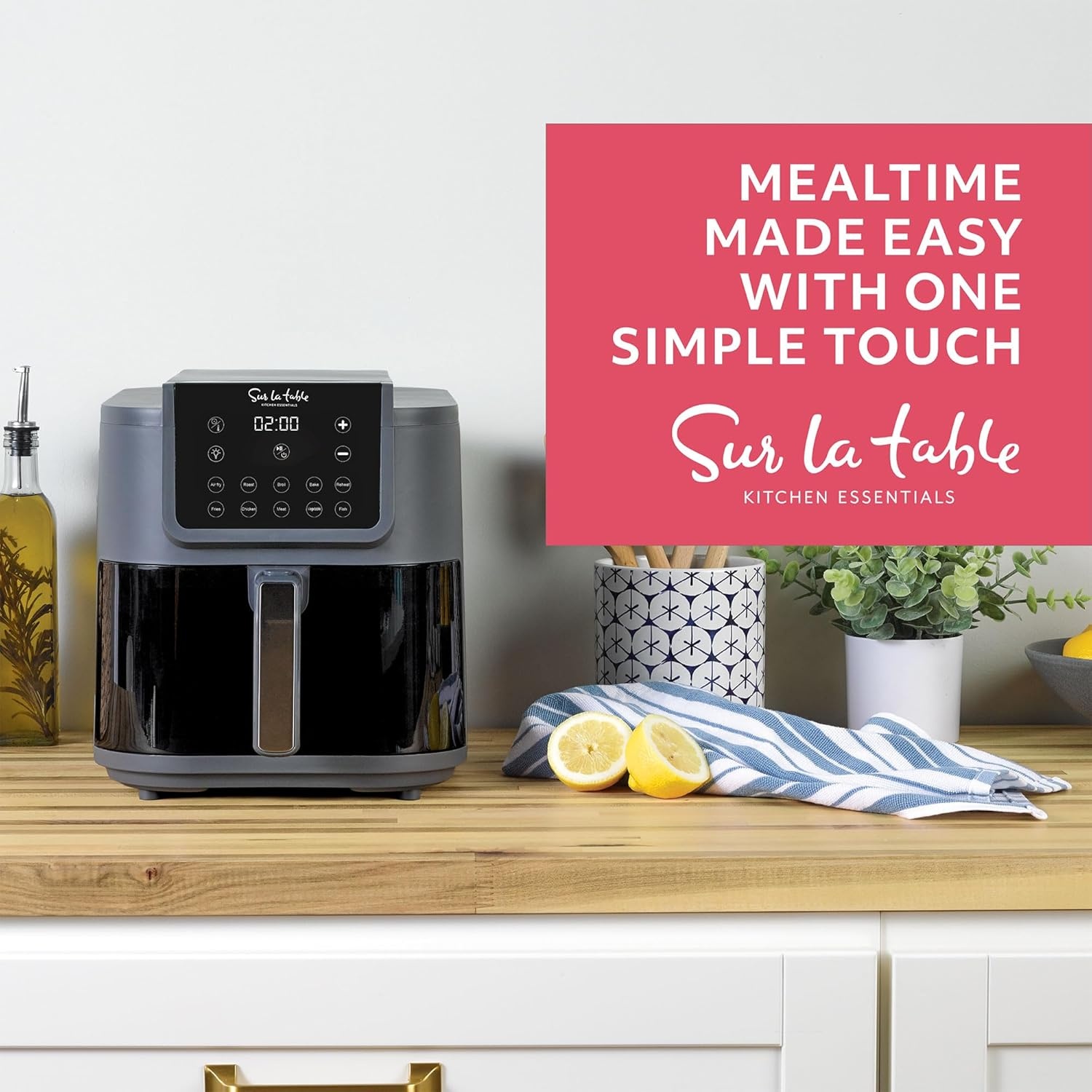 image:imageSUR LA TABLE KITCHEN ESSENTIALS 5in1 Compact 8Quart Basket Air Fryer with Window for Easy Viewing Digital Touchscreen Display with 10Presets Air Fry Bake Broil and Reheat in Minutes 1500w