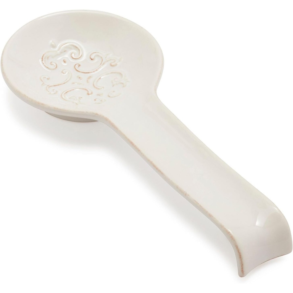 image:imageSur La Table Pearl Stoneware Spoon Rest Raised Dot Border Stoneware Utensil Rest for Counter and Stovetop Protection
