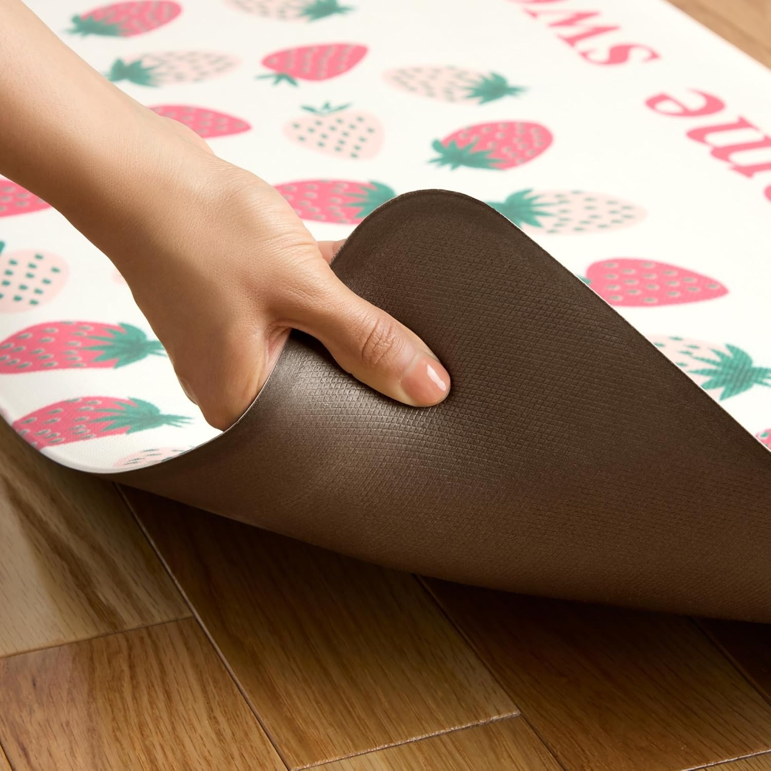 image:imageSUR LA Table Kitchen Essentials Home Sweet Home Quirky Strawberries Fruit Anti Fatigue Comfort Mat Kitchen Mat Standing Mat NonSlip Backing PinkGreenCream 20x39PinkGreenCream