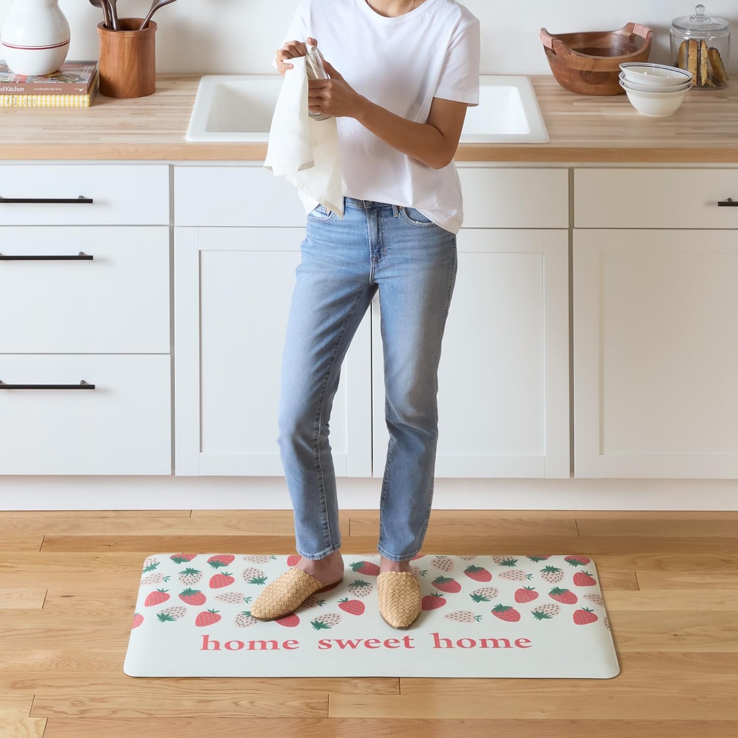 image:imageSUR LA Table Kitchen Essentials Home Sweet Home Quirky Strawberries Fruit Anti Fatigue Comfort Mat Kitchen Mat Standing Mat NonSlip Backing PinkGreenCream 20x39PinkGreenCream