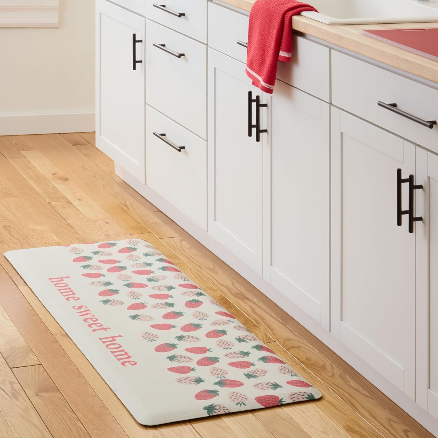 image:imageSUR LA Table Kitchen Essentials Home Sweet Home Quirky Strawberries Fruit Anti Fatigue Comfort Mat Kitchen Mat Standing Mat NonSlip Backing PinkGreenCream 20x39PinkGreenCream