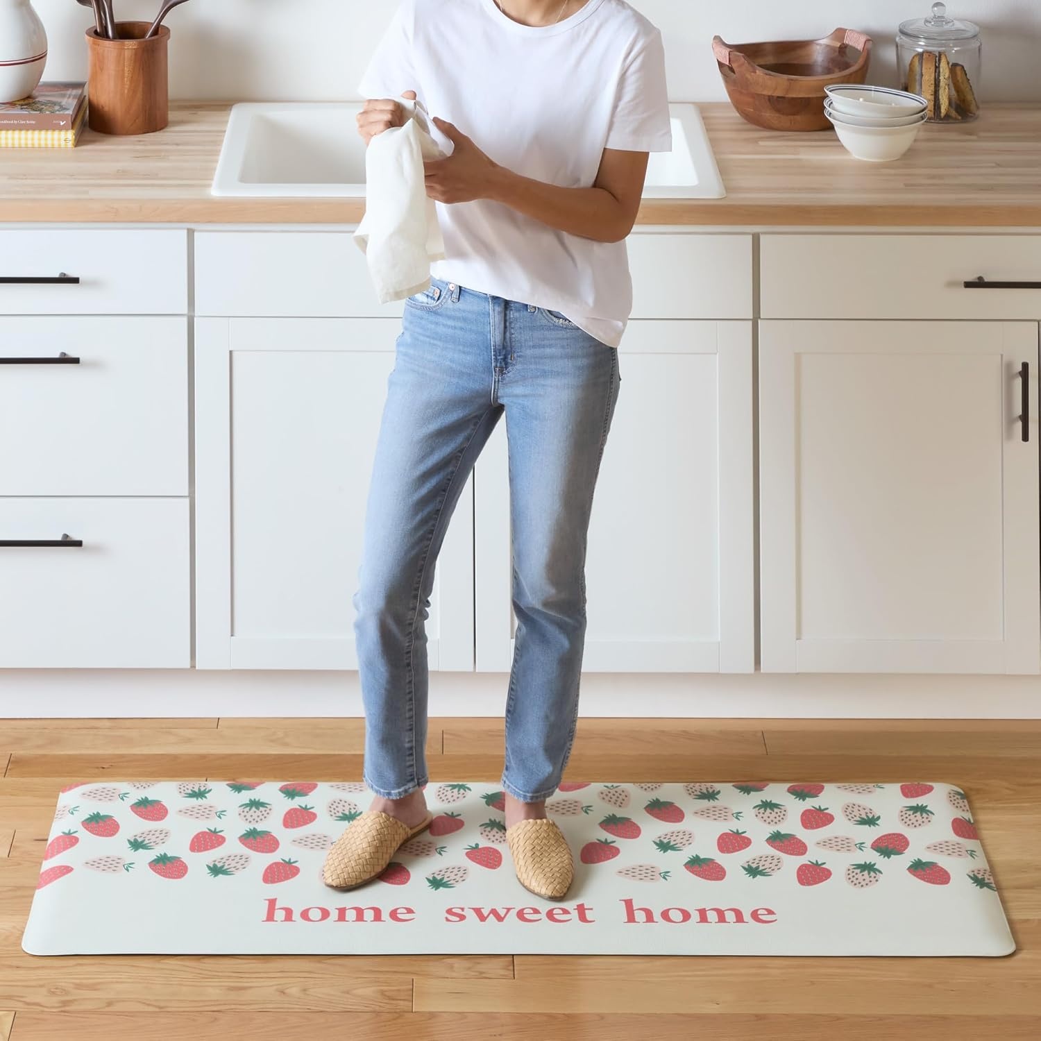 image:imageSUR LA Table Kitchen Essentials Home Sweet Home Quirky Strawberries Fruit Anti Fatigue Comfort Mat Kitchen Mat Standing Mat NonSlip Backing PinkGreenCream 20x39PinkGreenCream