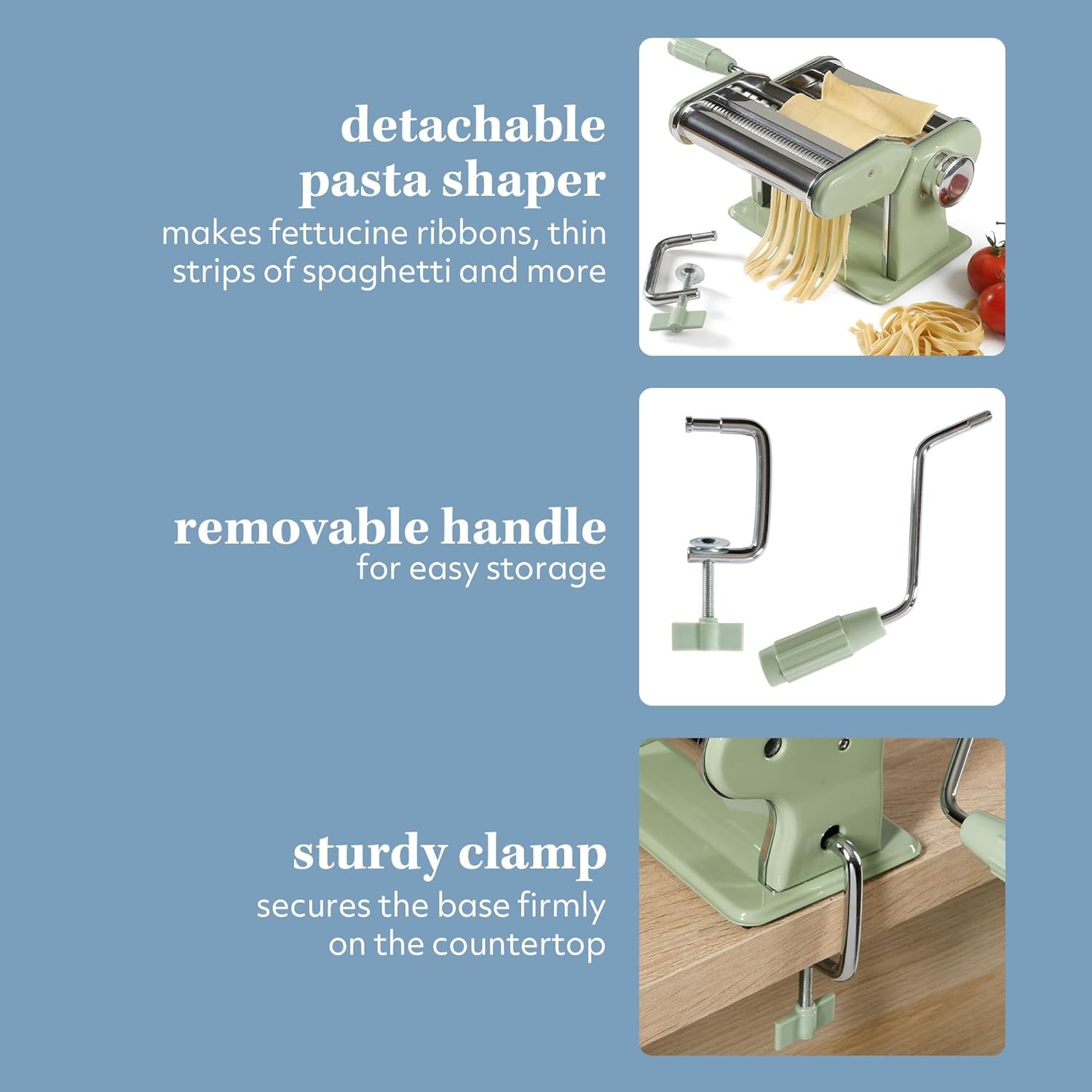 image:imageSur La Table Kitchen Essential Va Bene Manual Pasta Maker Machine Noodle Maker wRollers amp Cutters Spaghetti Fettuccini Lasagna or Dumpling Skin Stainless SteelJuniper Green