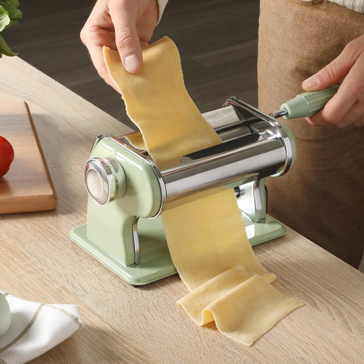 image:imageSur La Table Kitchen Essential Va Bene Manual Pasta Maker Machine Noodle Maker wRollers amp Cutters Spaghetti Fettuccini Lasagna or Dumpling Skin Stainless SteelJuniper Green
