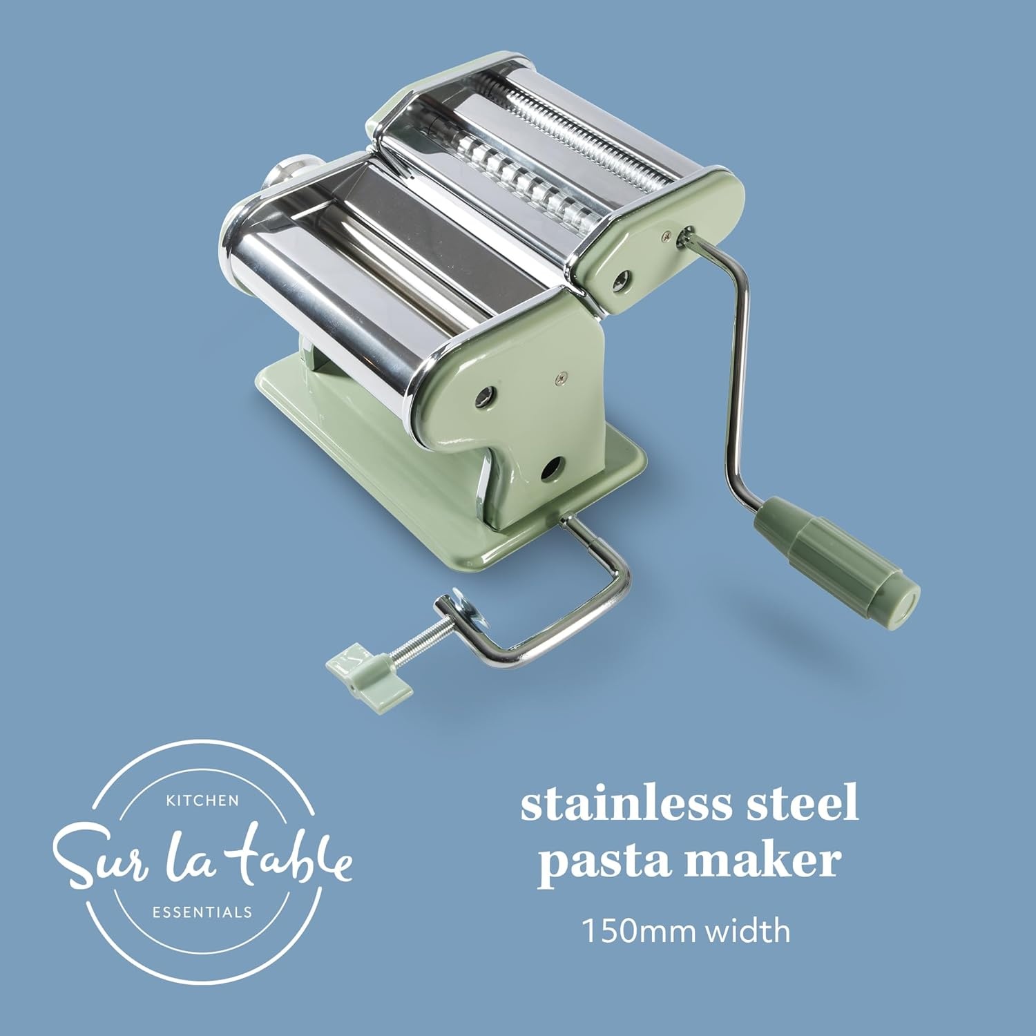 image:imageSur La Table Kitchen Essential Va Bene Manual Pasta Maker Machine Noodle Maker wRollers amp Cutters Spaghetti Fettuccini Lasagna or Dumpling Skin Stainless SteelJuniper Green