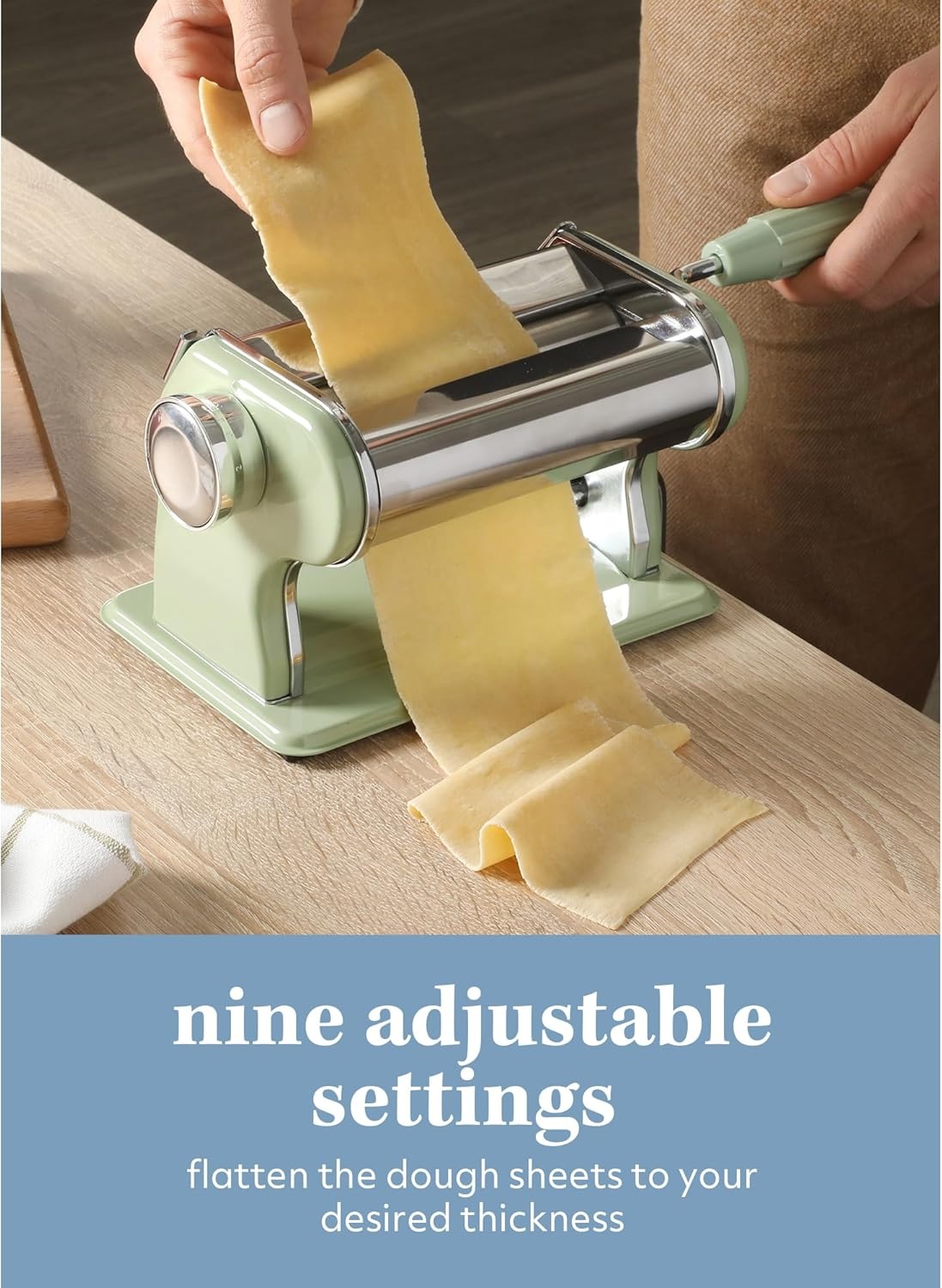 image:imageSur La Table Kitchen Essential Va Bene Manual Pasta Maker Machine Noodle Maker wRollers amp Cutters Spaghetti Fettuccini Lasagna or Dumpling Skin Stainless SteelJuniper Green