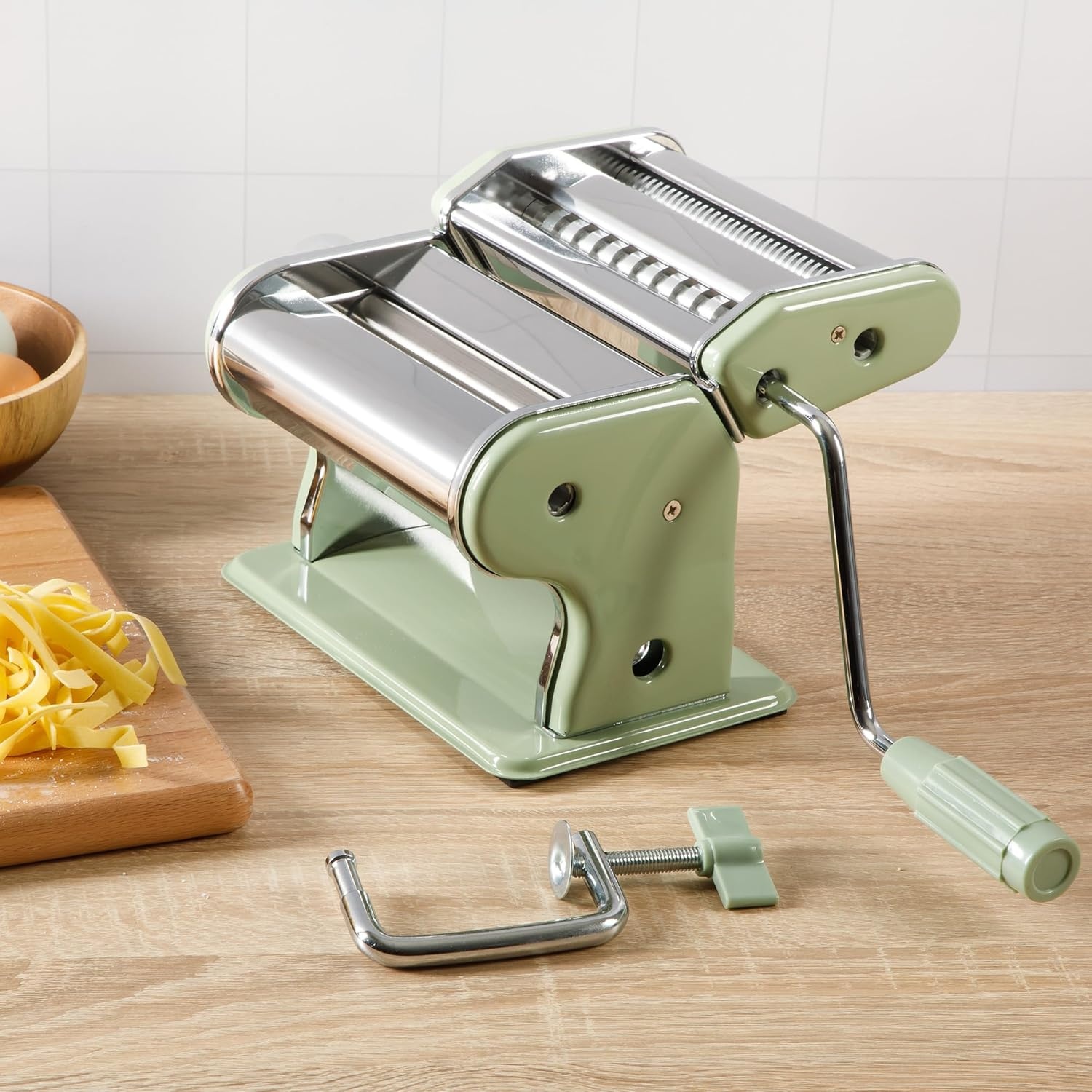 image:imageSur La Table Kitchen Essential Va Bene Manual Pasta Maker Machine Noodle Maker wRollers amp Cutters Spaghetti Fettuccini Lasagna or Dumpling Skin Stainless SteelJuniper Green