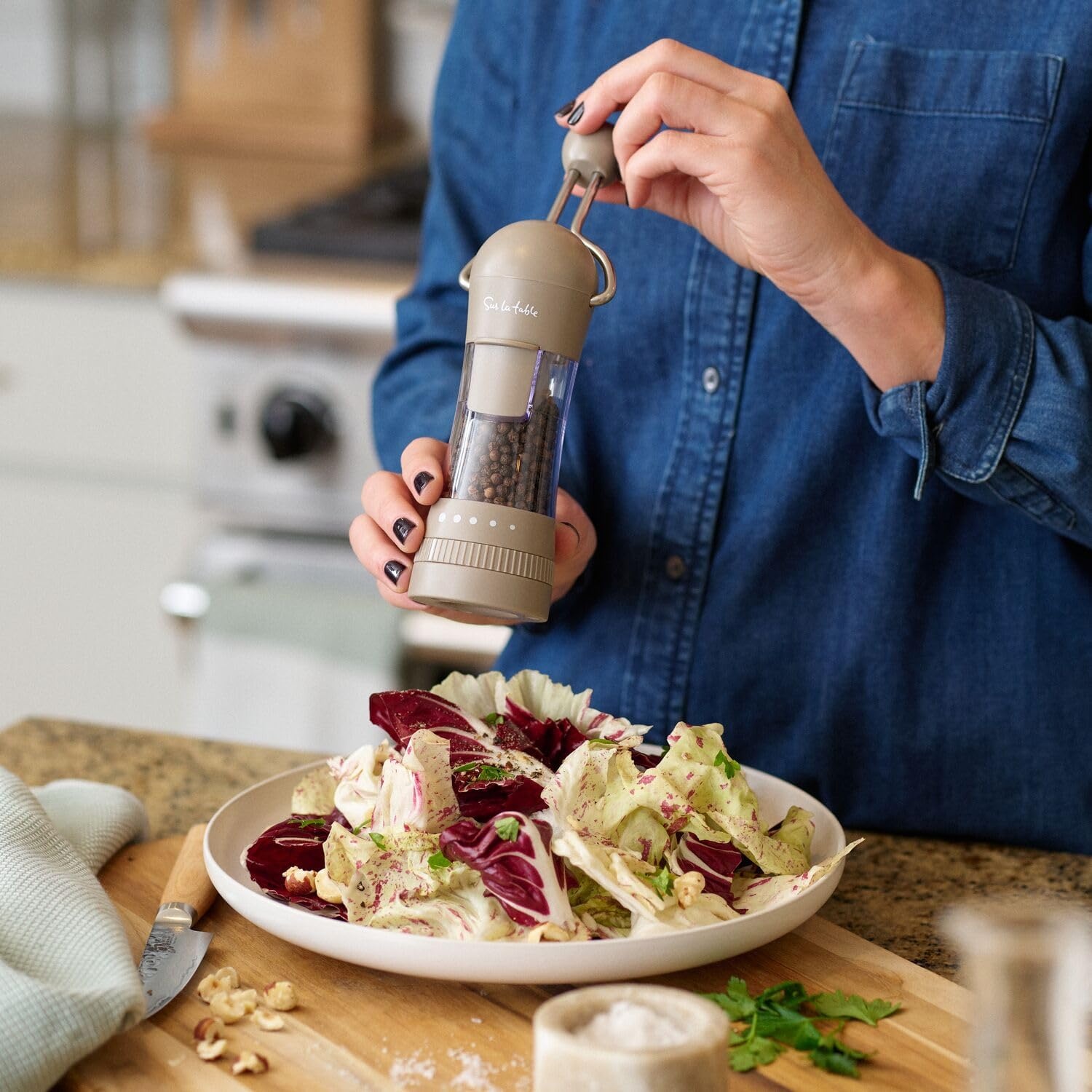 image:imageSur La Table Ratchet Mill Black Ceramic Stone Grinder Pepper amp Spice Grinder with Adjustable Coarseness FrontLoading Refill Durable Manual Seasoning Tool for Kitchen and TableWarm Grey