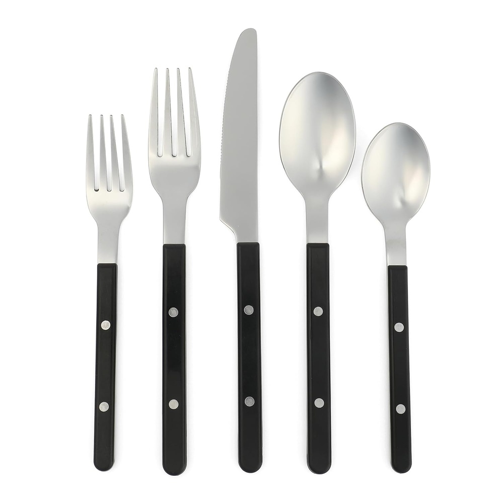 image:imageSur La Table Kitchen Essentials 20 Piece Flatware Silverware Set Stainless Steel Utensils Forks Spoons Knives LinenBlack