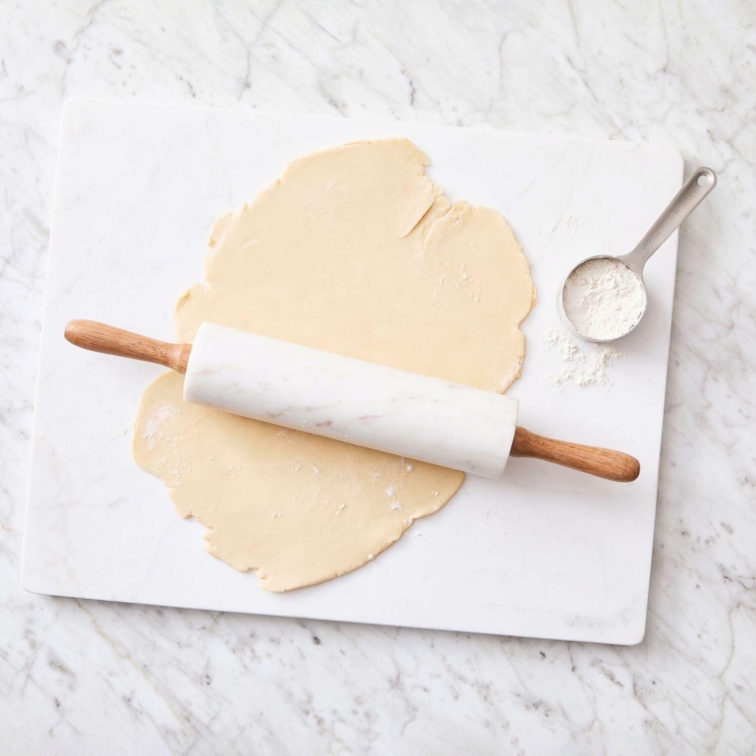 image:imageSur La Table Marble Rolling Pin with Wooden Handles Solid White Marble Barrel with Turning Wooden Handles for Cool Pastry Rolling