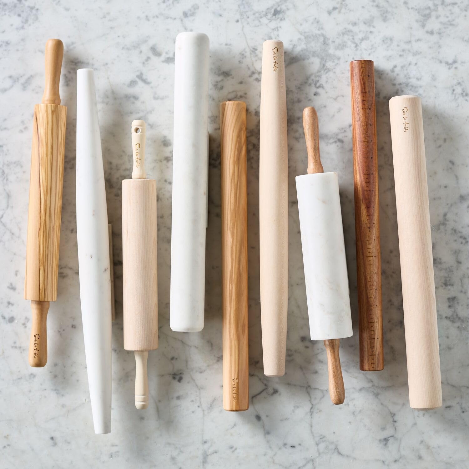 image:imageSur La Table Marble Rolling Pin with Wooden Handles Solid White Marble Barrel with Turning Wooden Handles for Cool Pastry Rolling