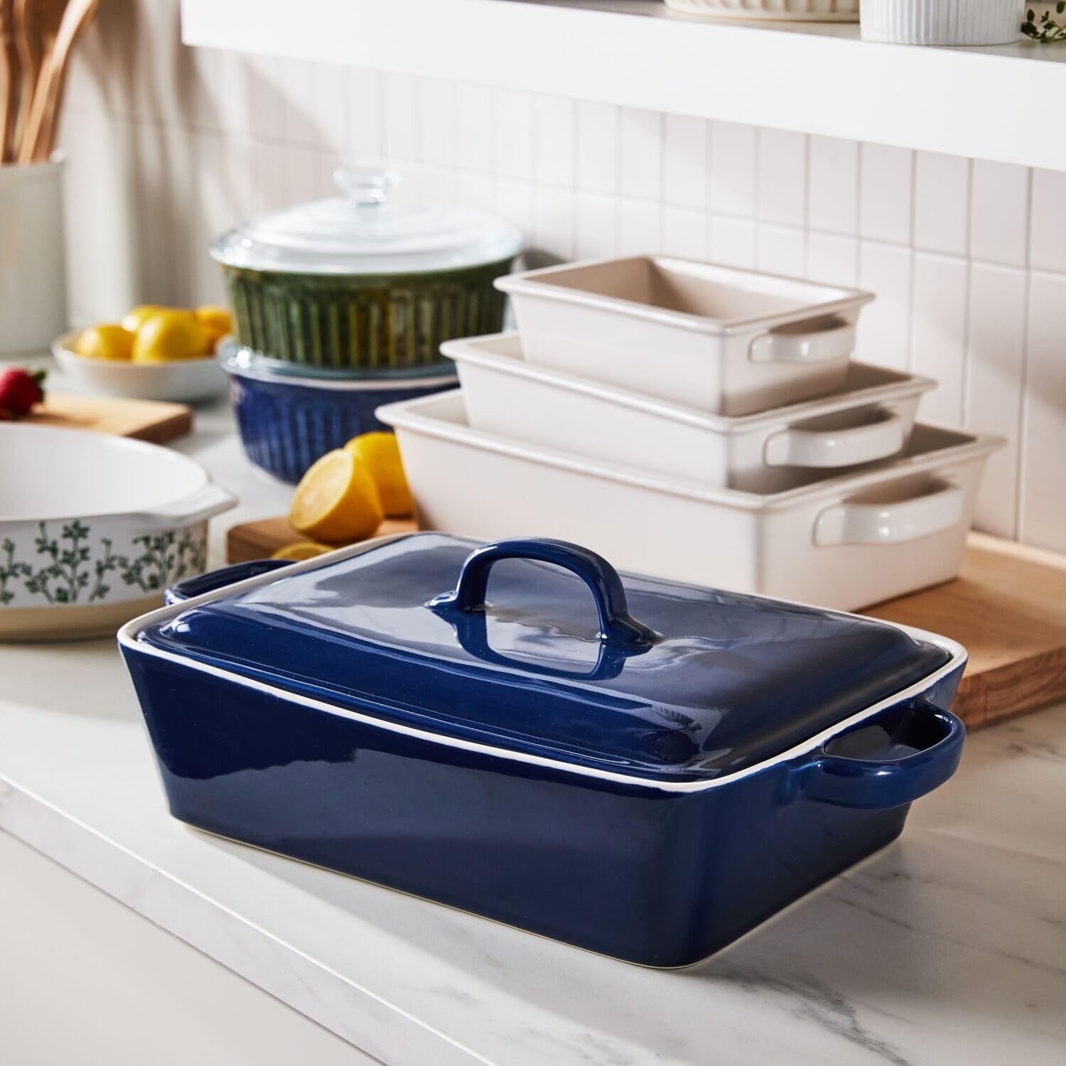 image:imageSur La Table Rectangular Stoneware Casserole with Lid 4 qt WhiteBlue