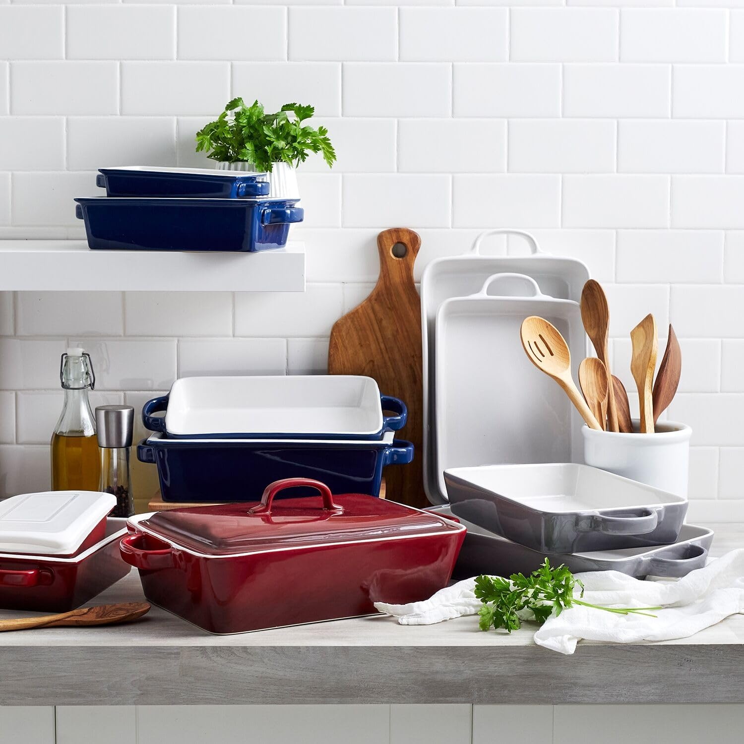 image:imageSur La Table Rectangular Stoneware Casserole with Lid 4 qt WhiteBlue