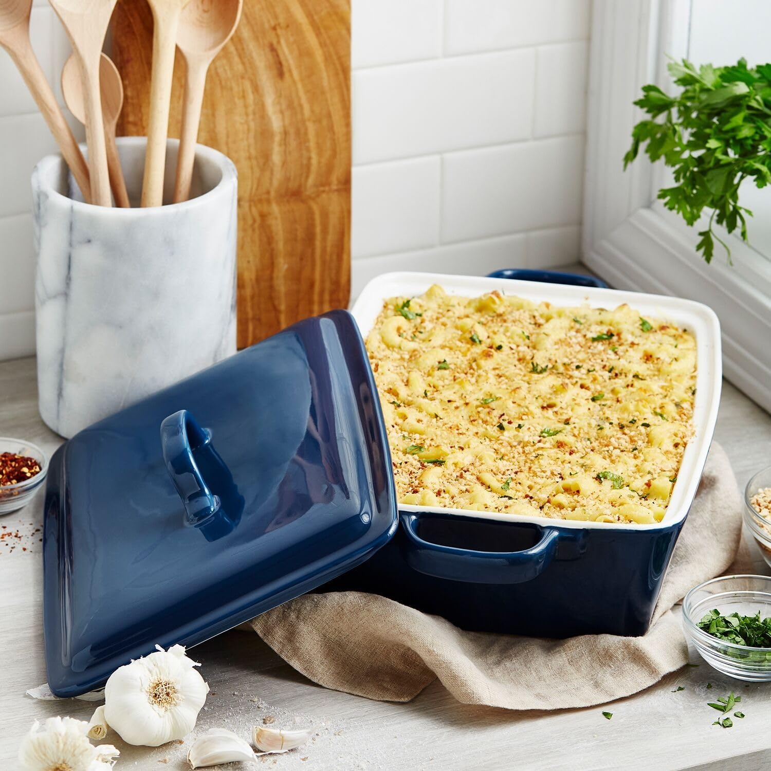 image:imageSur La Table Rectangular Stoneware Casserole with Lid 4 qt WhiteBlue