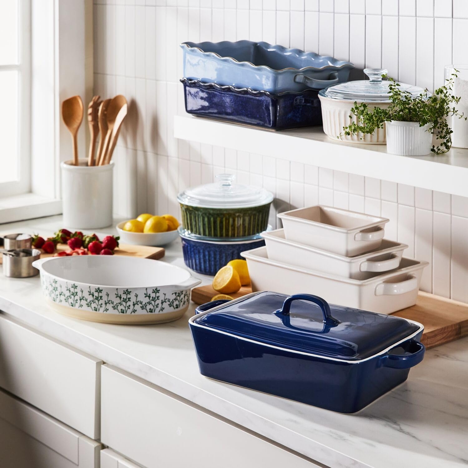 image:imageSur La Table Rectangular Stoneware Casserole with Lid 4 qt WhiteBlue