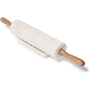 image:imageSur La Table Marble Rolling Pin with Wooden Handles Solid White Marble Barrel with Turning Wooden Handles for Cool Pastry Rolling