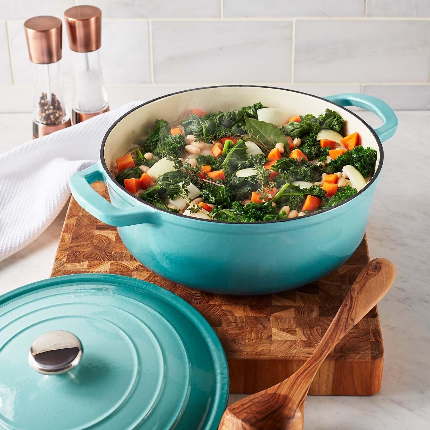 image:imageSur La Table 7Qt Enameled Cast Iron Dutch Oven With Lid for Braising Baking amp Deep Frying Induction Compatible Oven to 500F Seals in Moisture for Flavorful Results Dark TealLight Blue