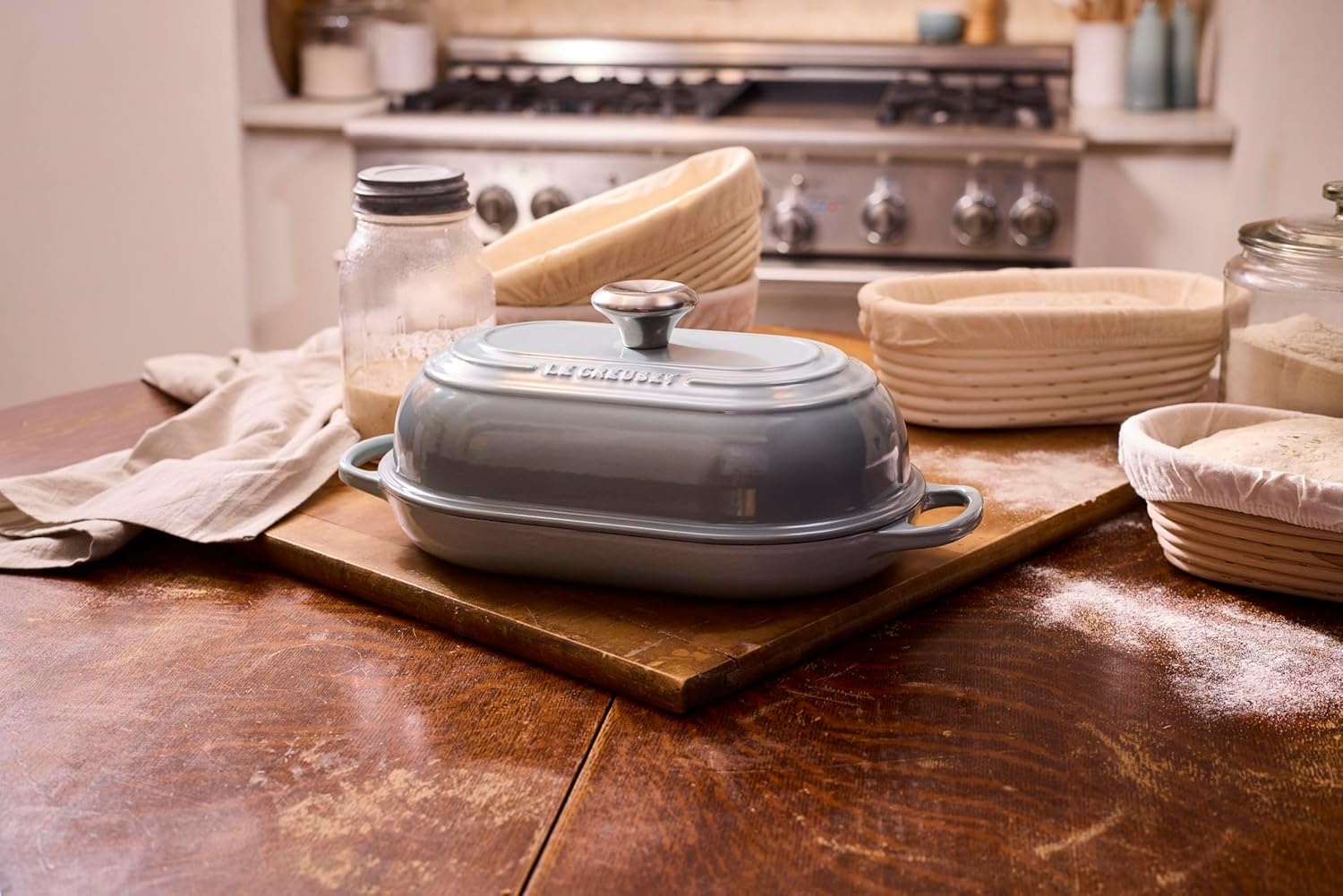 image:imageLe Creuset Enameled Cast Iron Signature Round Bread Oven 95 inch WhiteSea Salt