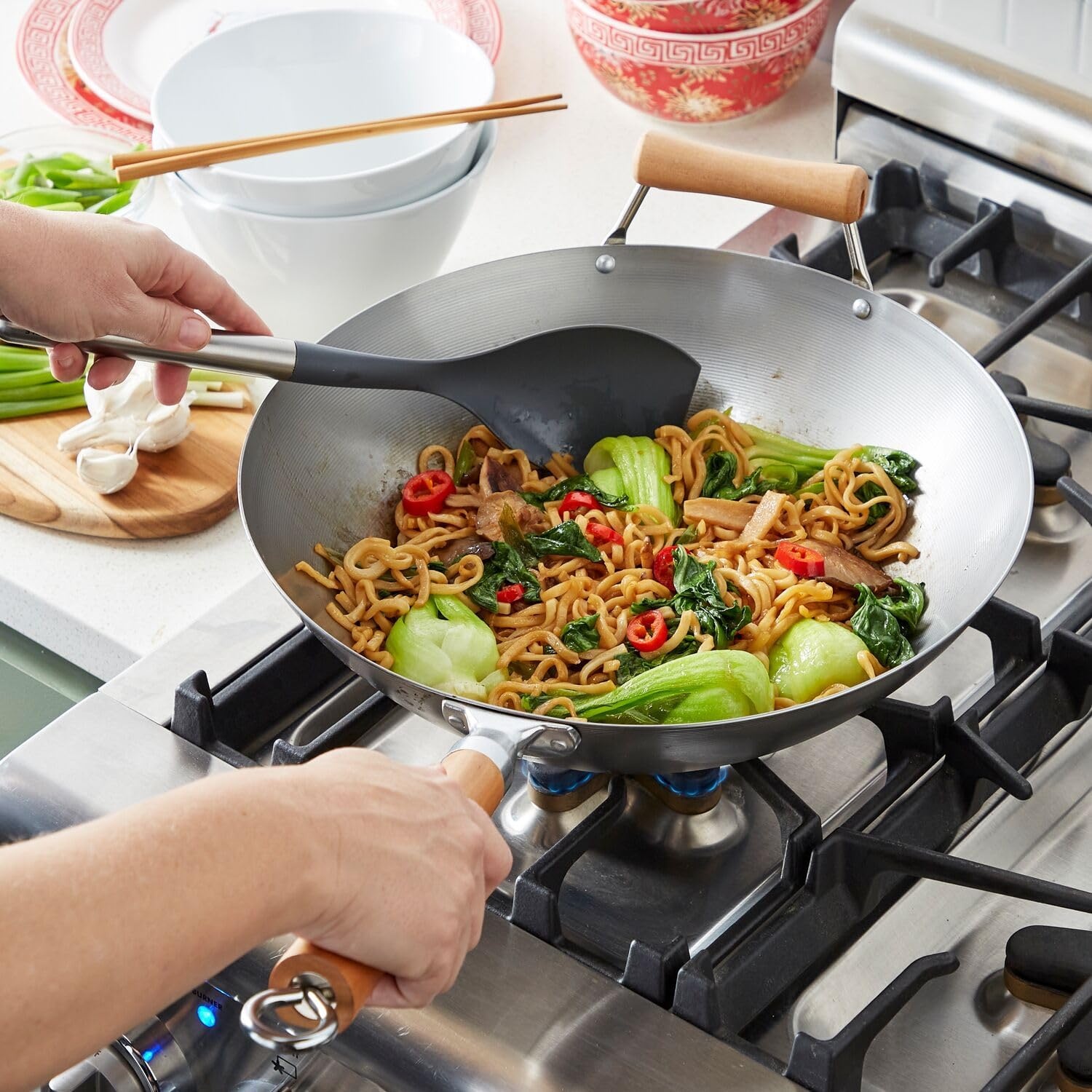 image:imageSur La Table 12 CarbonSteel Wok Flat Bottom Pan for HighHeat Cooking Ideal for DeepFrying Steaming and StirFrying Lightweight Fast HeatingSilver