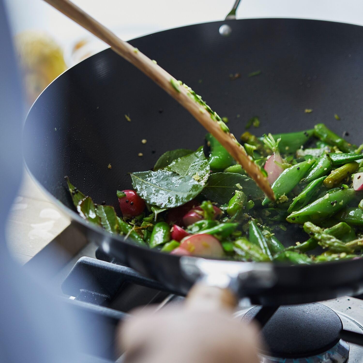 image:imageSur La Table 14 Nonstick Wok with Maple Handle Steel StirFry Pan with Flat Bottom for Even Heating Healthy Cooking with Little to No Oil Lightweight and Induction CompatibleBlack