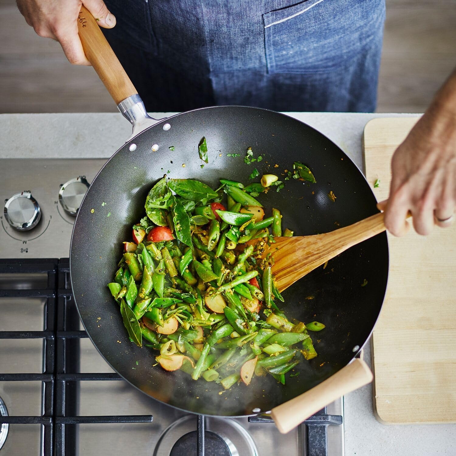 image:imageSur La Table 14 Nonstick Wok with Maple Handle Steel StirFry Pan with Flat Bottom for Even Heating Healthy Cooking with Little to No Oil Lightweight and Induction CompatibleBlack