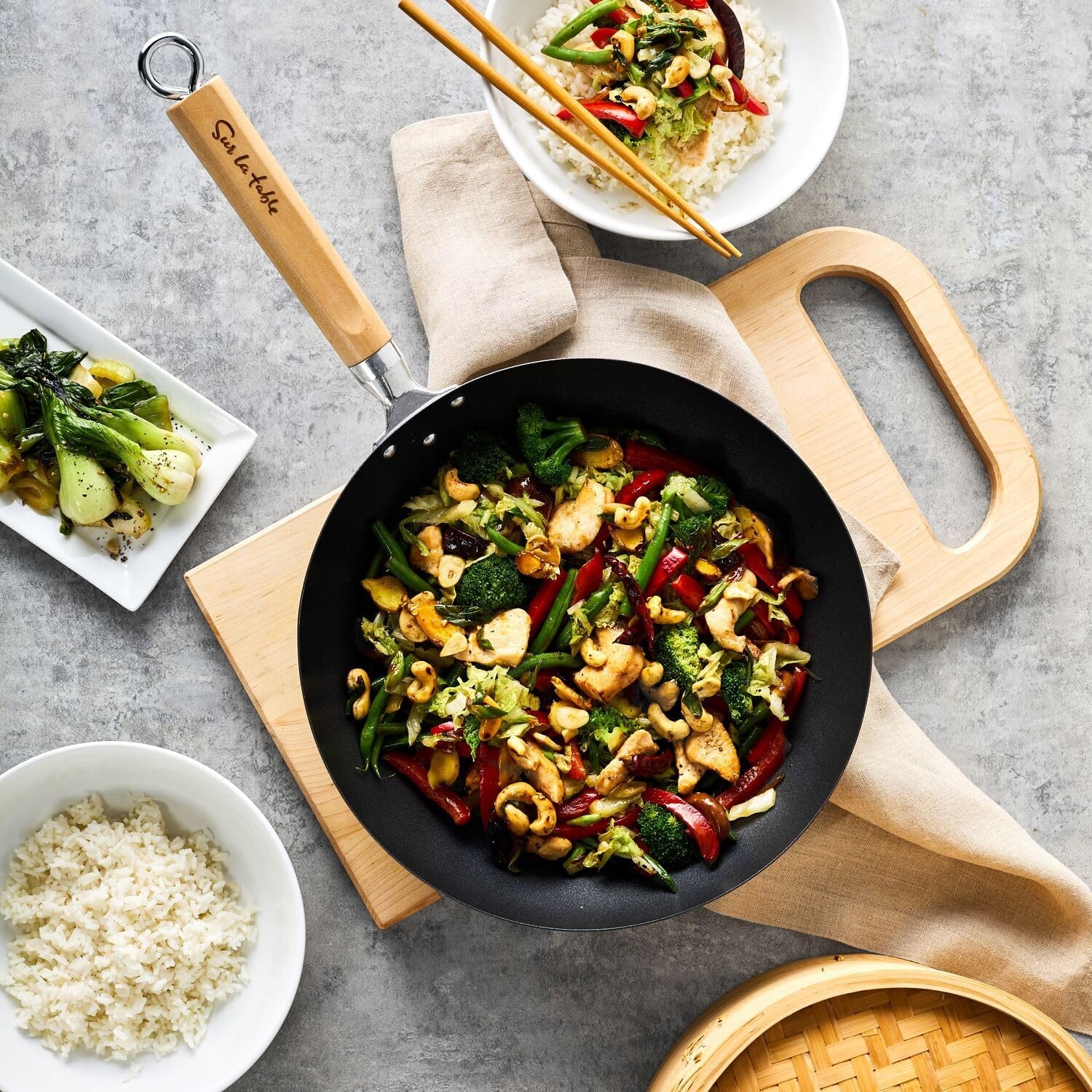 image:imageSur La Table Nonstick Wok 12 in Hard Anodized Wok with Maple Handle for StirFrying Steaming and Tossing 12 in