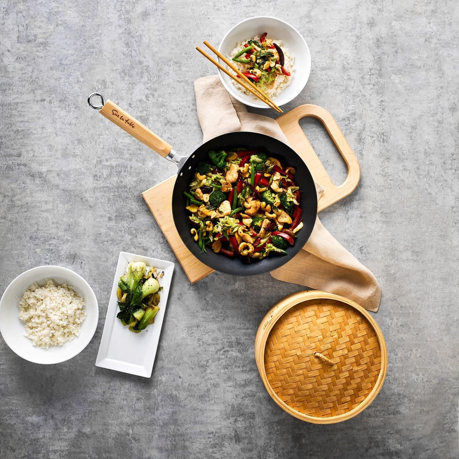 image:imageSur La Table Nonstick Wok 12 in Hard Anodized Wok with Maple Handle for StirFrying Steaming and Tossing 12 in