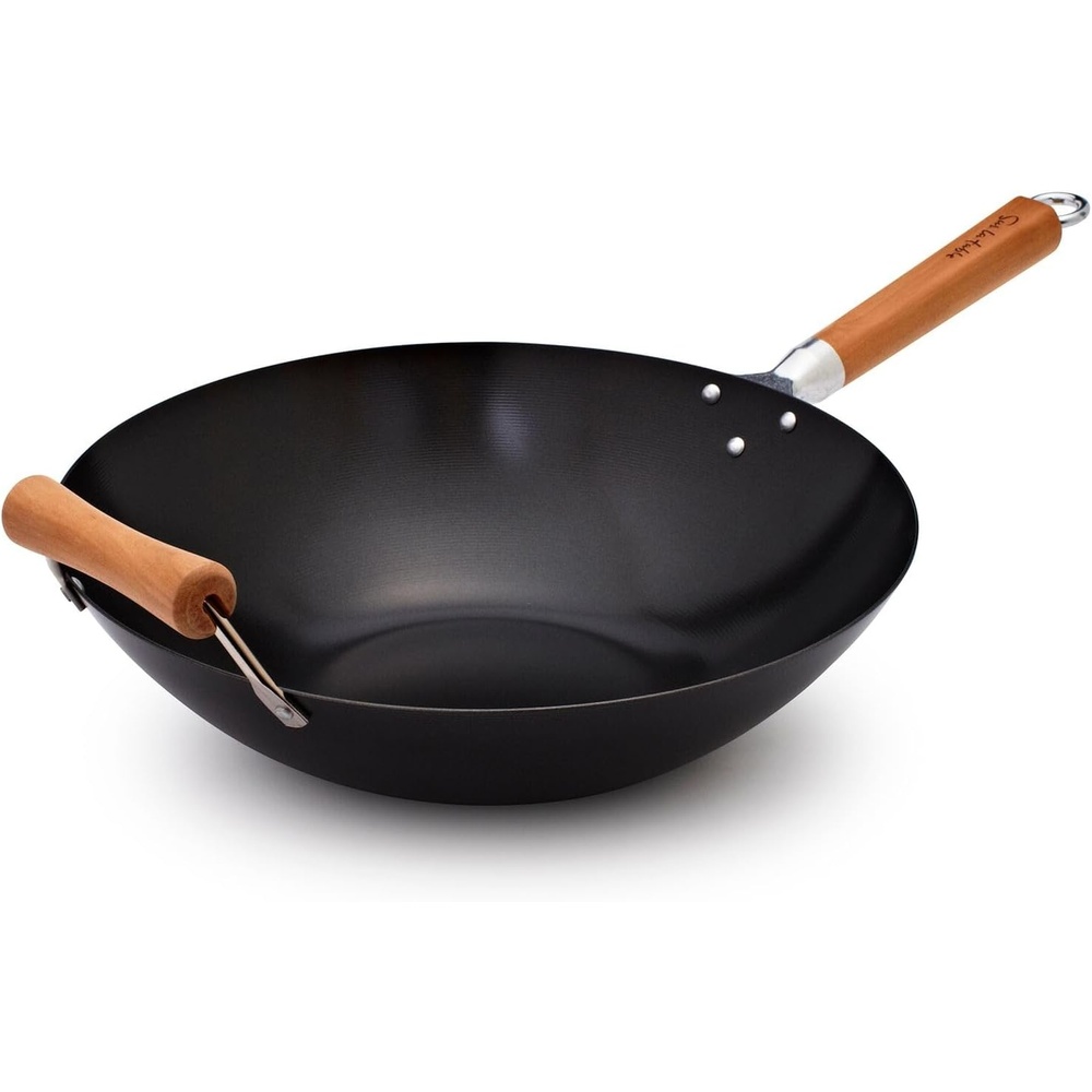 image:imageSur La Table 14 Nonstick Wok with Maple Handle Steel StirFry Pan with Flat Bottom for Even Heating Healthy Cooking with Little to No Oil Lightweight and Induction CompatibleBlack
