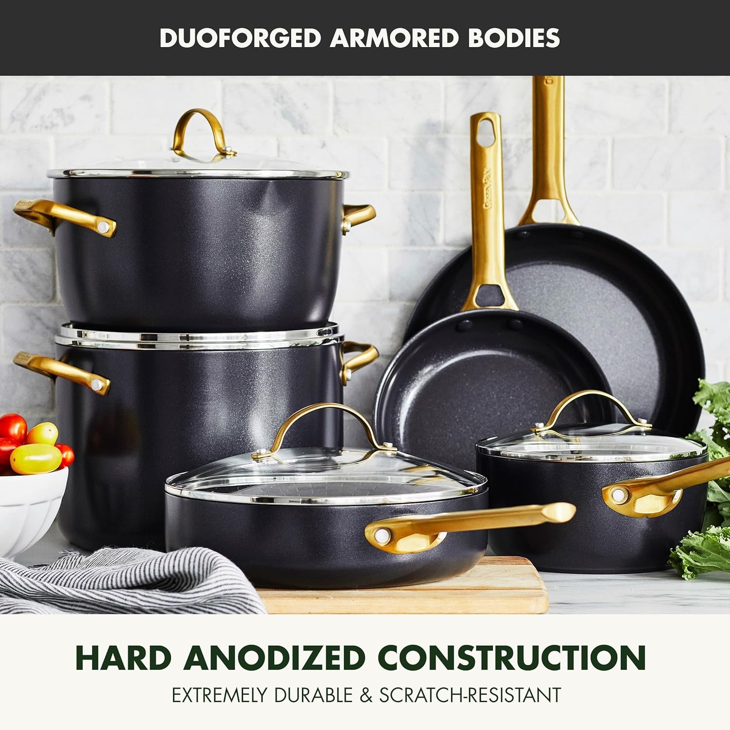 image:imageGreenPan Hard Anodized Healthy Ceramic Nonstick 10 and 12 Frying Pan Skillet Set Gold Handle PFASFree Dishwasher Safe Oven Safe Twilight BlueBlack