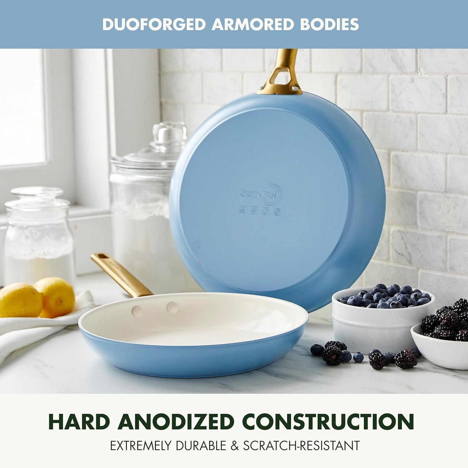 image:imageGreenPan Hard Anodized Healthy Ceramic Nonstick 10 and 12 Frying Pan Skillet Set Gold Handle PFASFree Dishwasher Safe Oven Safe Twilight BlueSky Blue