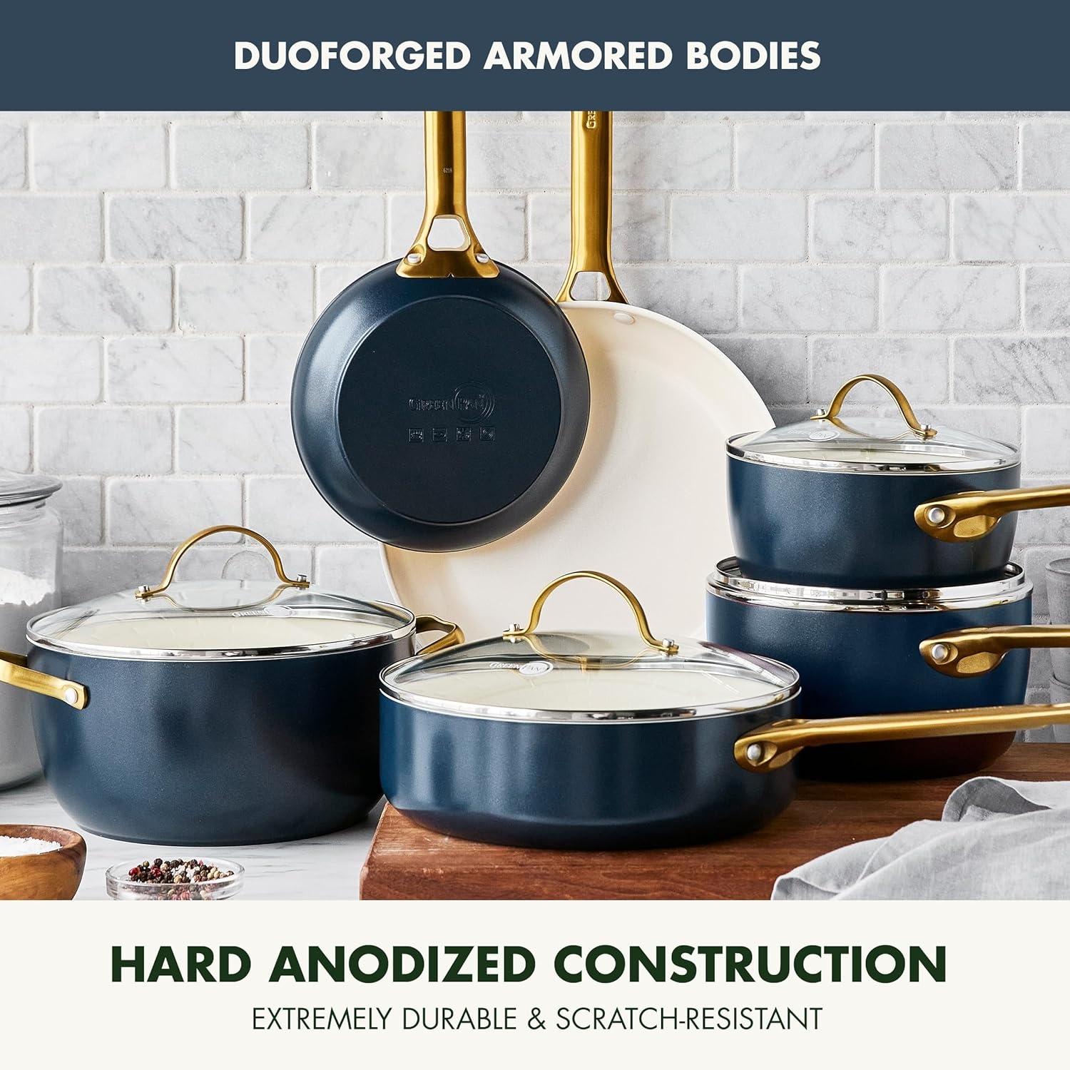 image:imageGreenPan Hard Anodized Healthy Ceramic Nonstick 10 and 12 Frying Pan Skillet Set Gold Handle PFASFree Dishwasher Safe Oven Safe Twilight BlueTwilight Blue