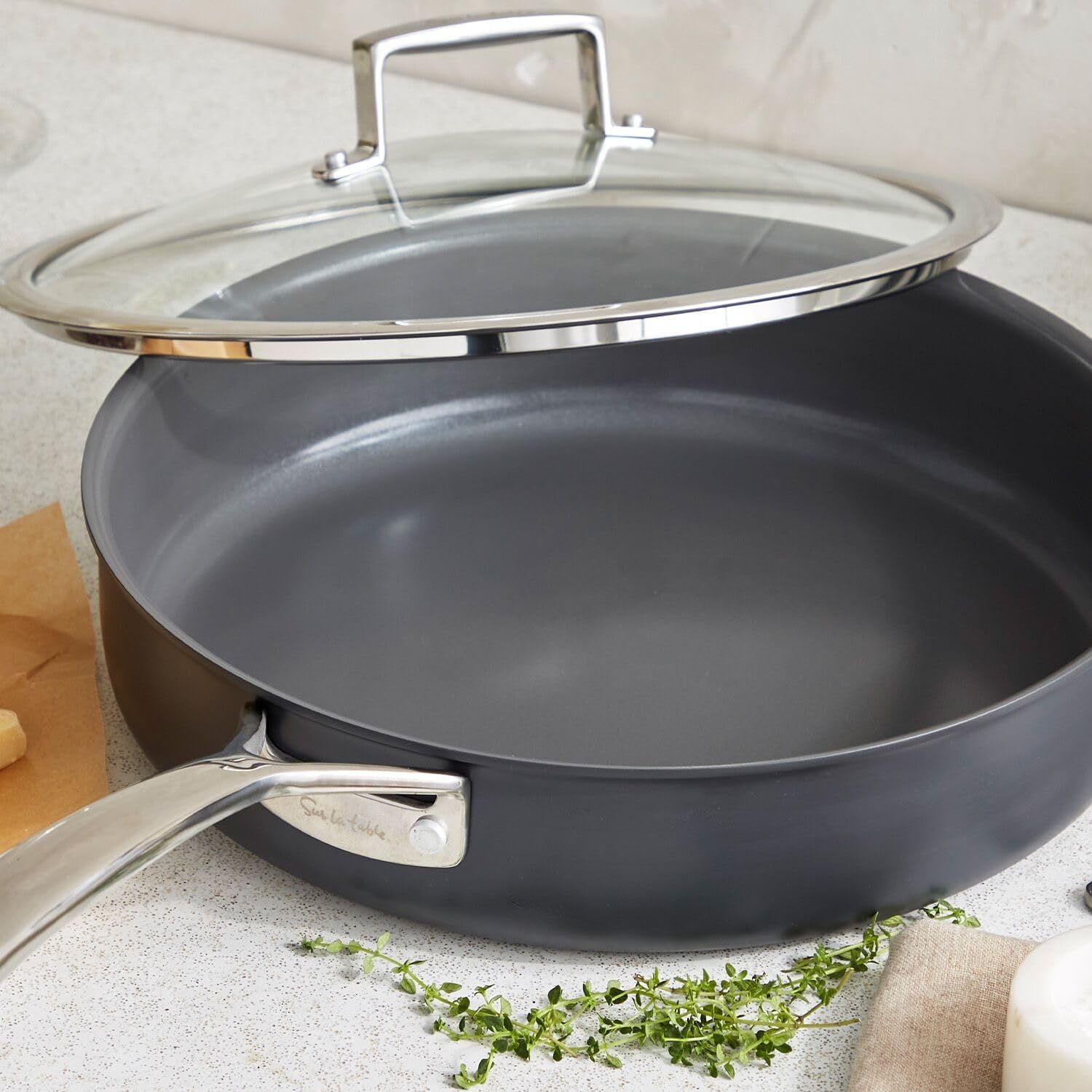 image:imageSur La Table Classic Hard Anodized Ceramic Nonstick Saut Pan 5 Qt PFOAFree Ceramic Coating with Straight Sides and Lid for FamilySize Sauting 5 Qt