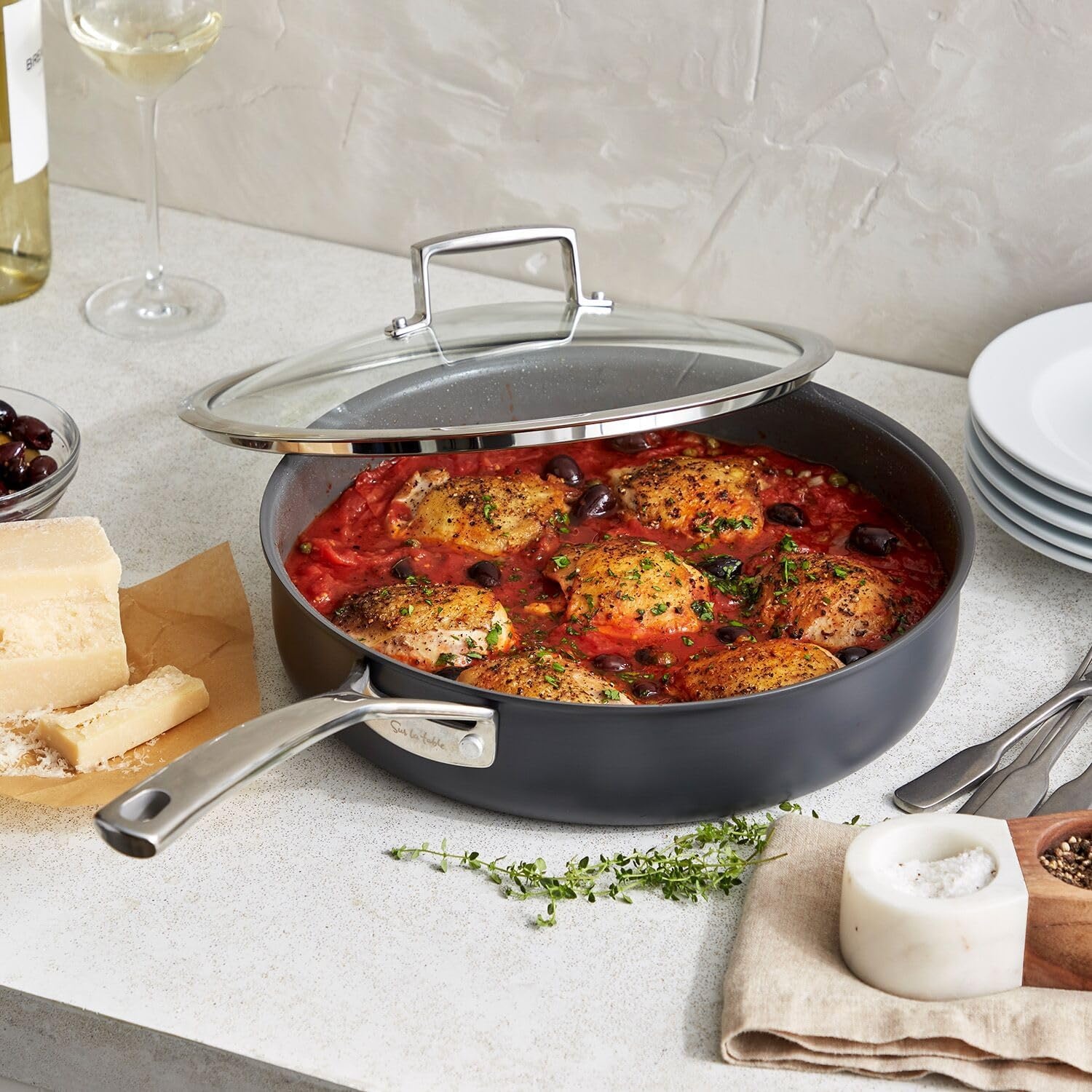 image:imageSur La Table Classic Hard Anodized Ceramic Nonstick Saut Pan 5 Qt PFOAFree Ceramic Coating with Straight Sides and Lid for FamilySize Sauting 5 Qt