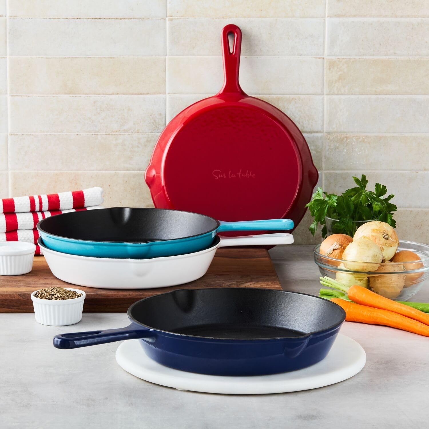 image:imageSur La Table Enameled Cast Iron Skillet 10 Frying Pan for Searing Sauting amp Baking Oven to 500F Induction Compatible Durable Nonstick Interior Even Heat Distribution Red