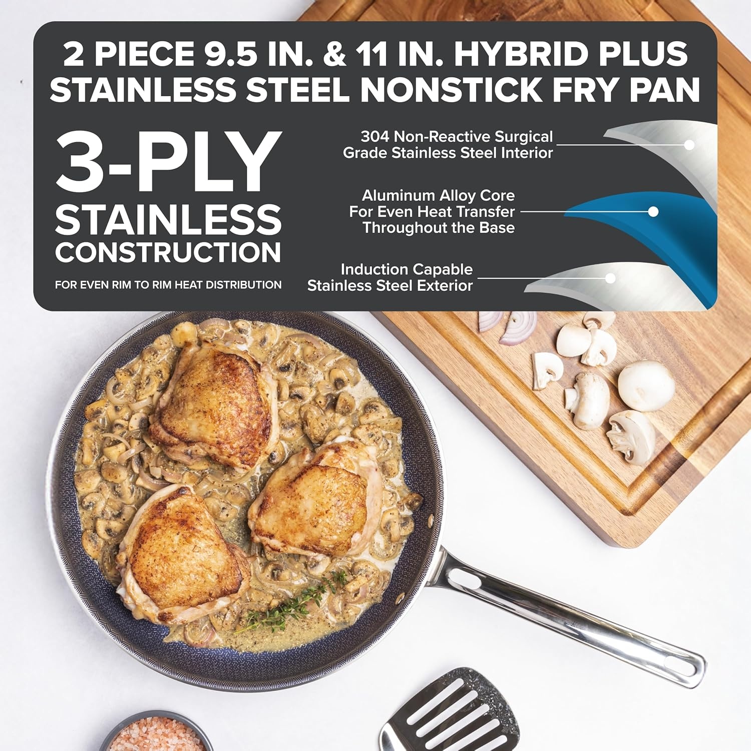 image:imageViking 3Ply Non Stick Frying Pan 8 Inch Hybrid Plus Stainless Steel Kitchen Cookware Silver2Piece Set
