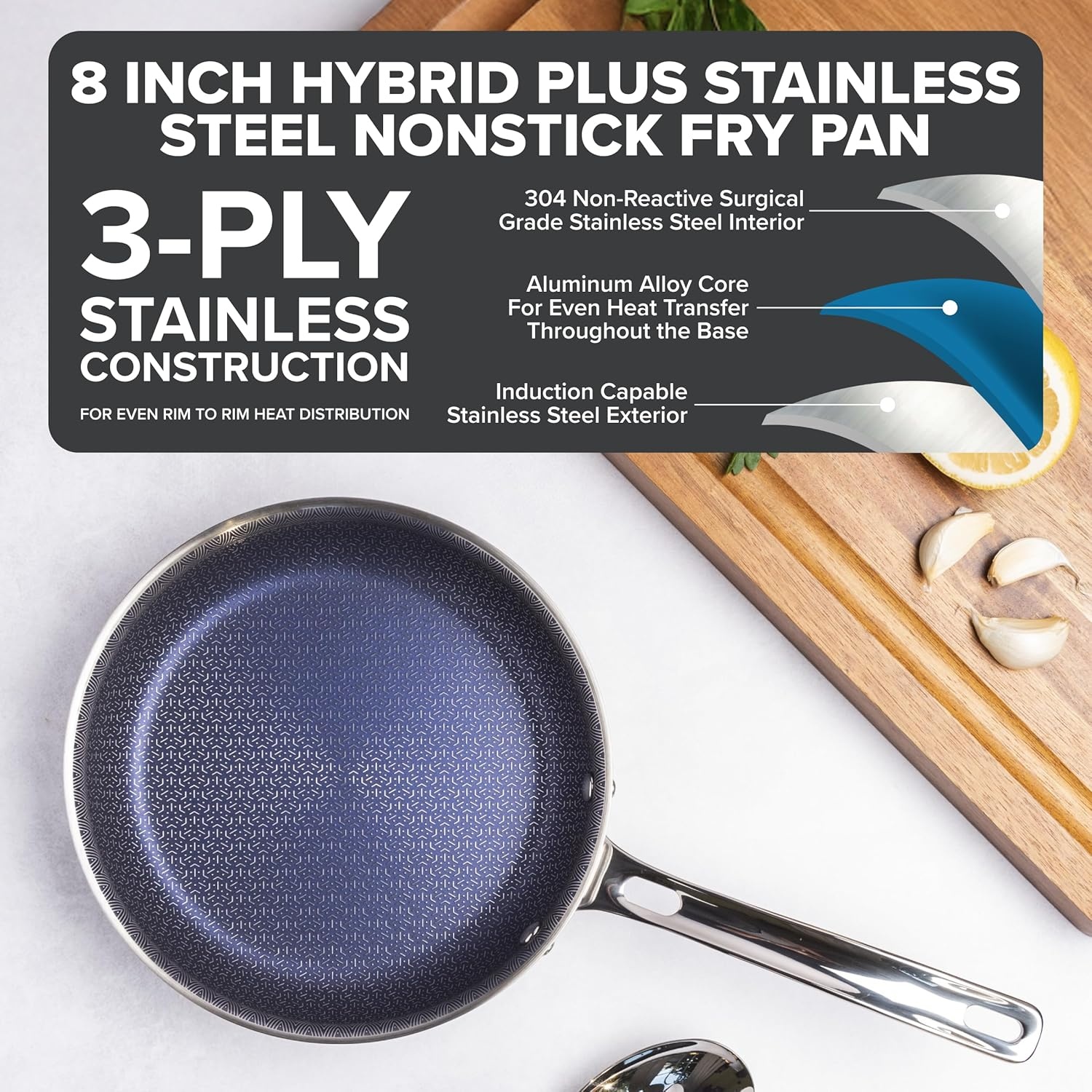 image:imageViking 3Ply Non Stick Frying Pan 8 Inch Hybrid Plus Stainless Steel Kitchen Cookware Silver8 Inches
