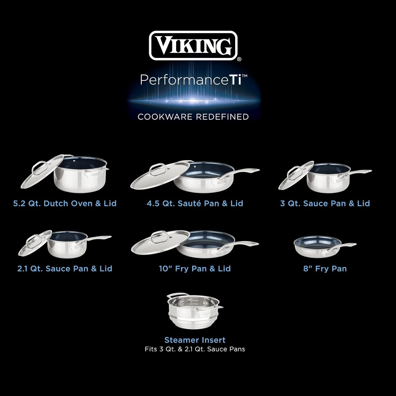 image:imageViking 4Ply Dutch Oven 5 Quart Laser Clad Titanium Performance Ti Cookware Pot with Lid Dishwasher and Oven Safe Induction Ready BlueSilver12Piece Set