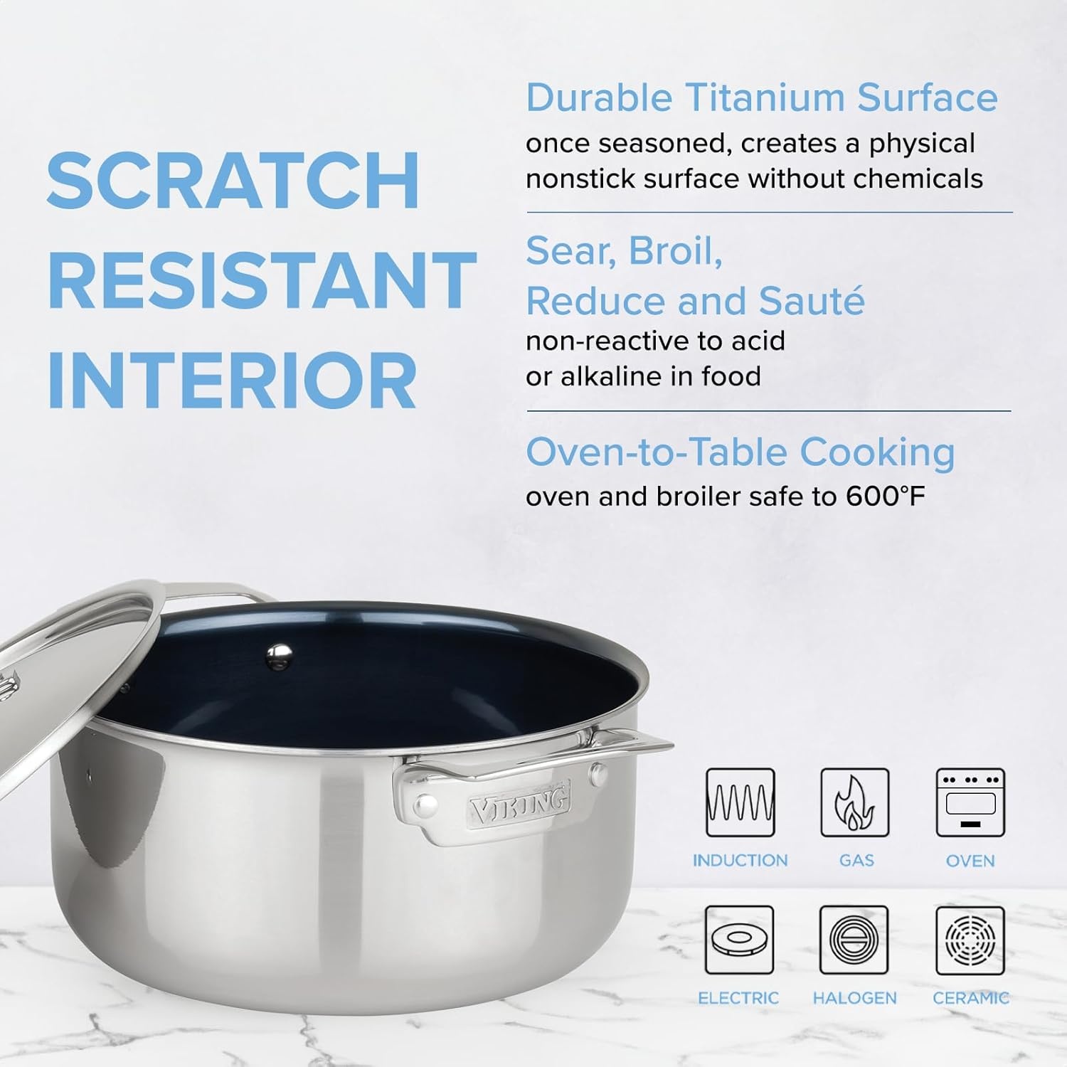 image:imageViking 4Ply Dutch Oven 5 Quart Laser Clad Titanium Performance Ti Cookware Pot with Lid Dishwasher and Oven Safe Induction Ready BlueSilver5 Quart
