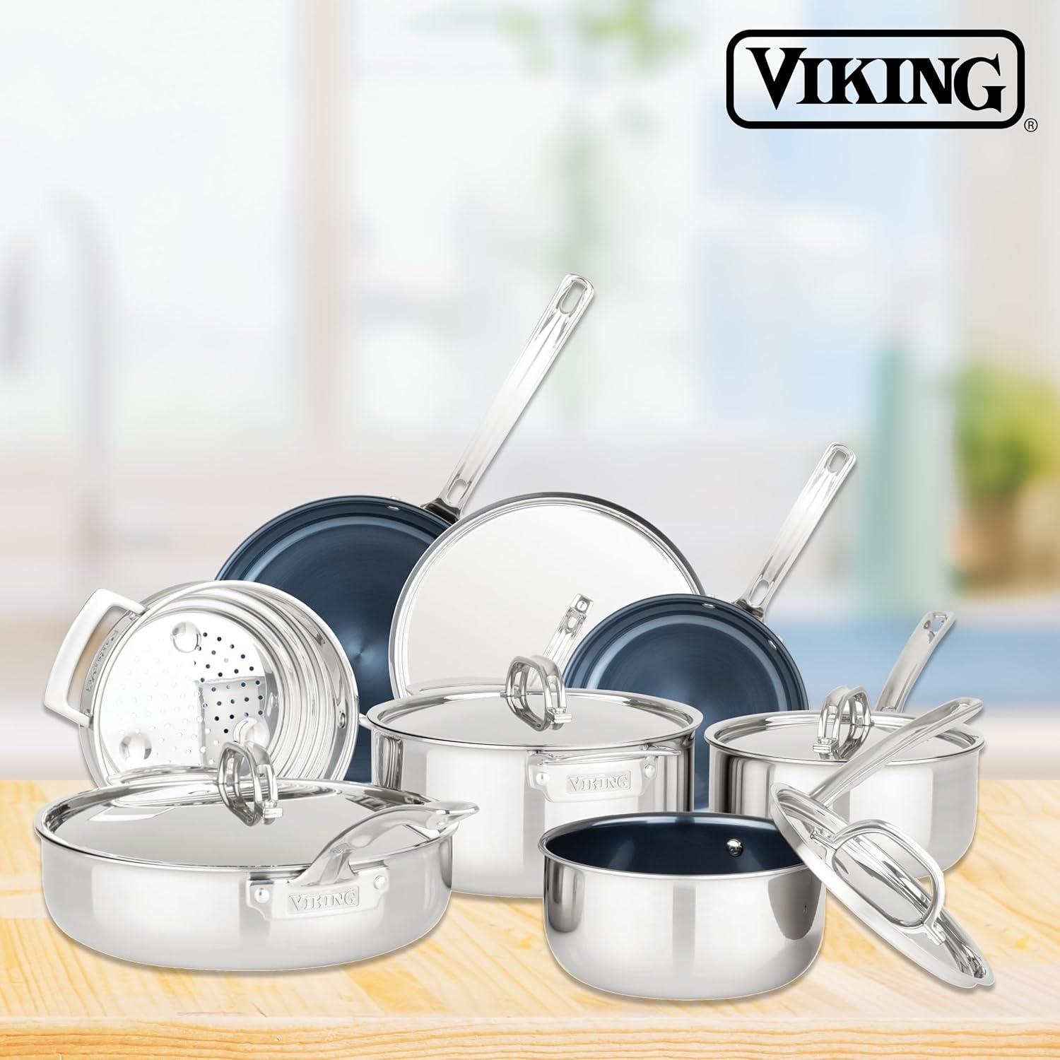 image:imageViking 4Ply Frying Pans 2Piece Laser Clad Titanium Performance Ti 95 and 11 Inch BlueSIlver10 Inch