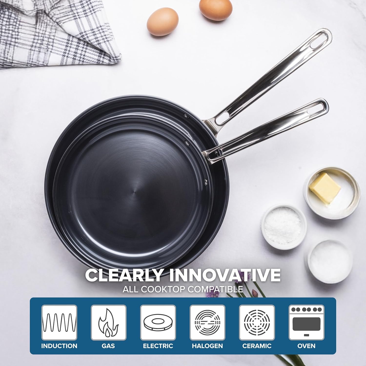 image:imageViking 4Ply Frying Pans 2Piece Laser Clad Titanium Performance Ti 95 and 11 Inch BlueSIlver2Piece Set 95 Inch and 11 Inch