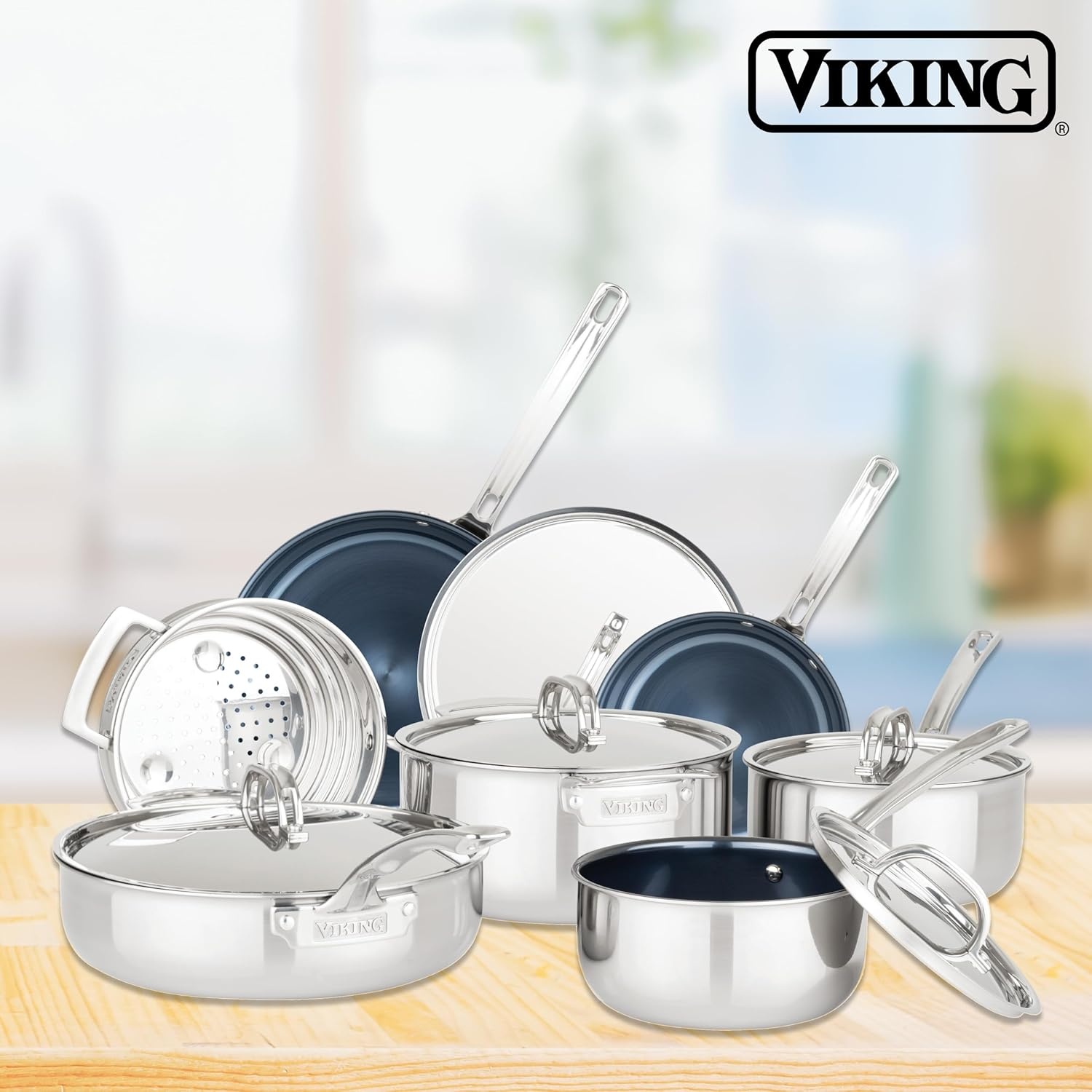 image:imageViking 4Ply Frying Pans 2Piece Laser Clad Titanium Performance Ti 95 and 11 Inch BlueSIlver8 Inch