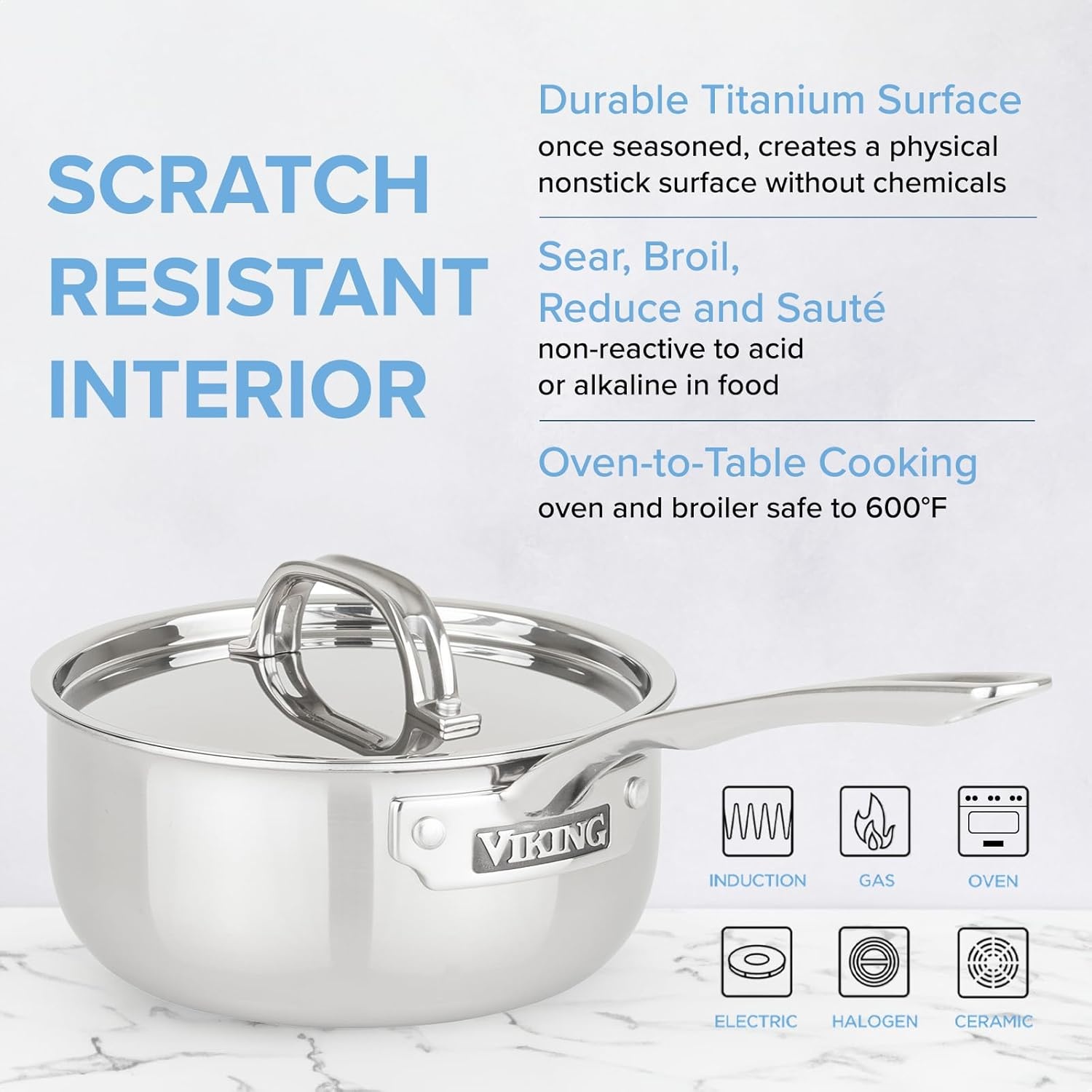 image:imageViking 4Ply Sauce Pan with Lid 3 Quart Laser Clad Titanium Performance Ti Saucepan Cooking Pot Dishwasher and Oven Safe Induction Ready BlueSilver