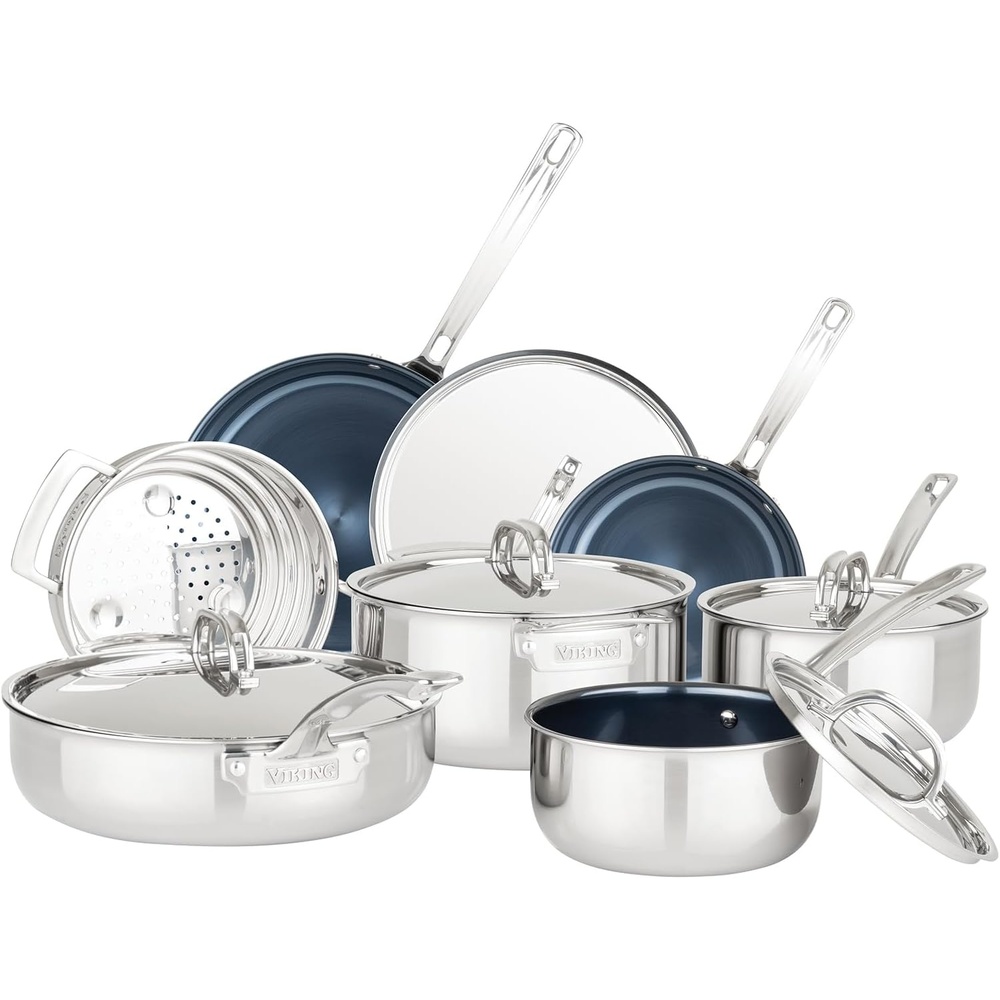 image:imageViking 4Ply Dutch Oven 5 Quart Laser Clad Titanium Performance Ti Cookware Pot with Lid Dishwasher and Oven Safe Induction Ready BlueSilver12Piece Set