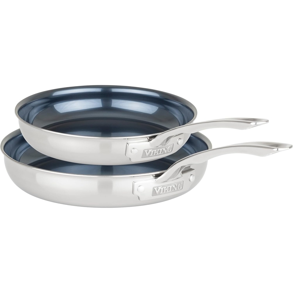 image:imageViking 4Ply Frying Pans 2Piece Laser Clad Titanium Performance Ti 95 and 11 Inch BlueSIlver2Piece Set 95 Inch and 11 Inch