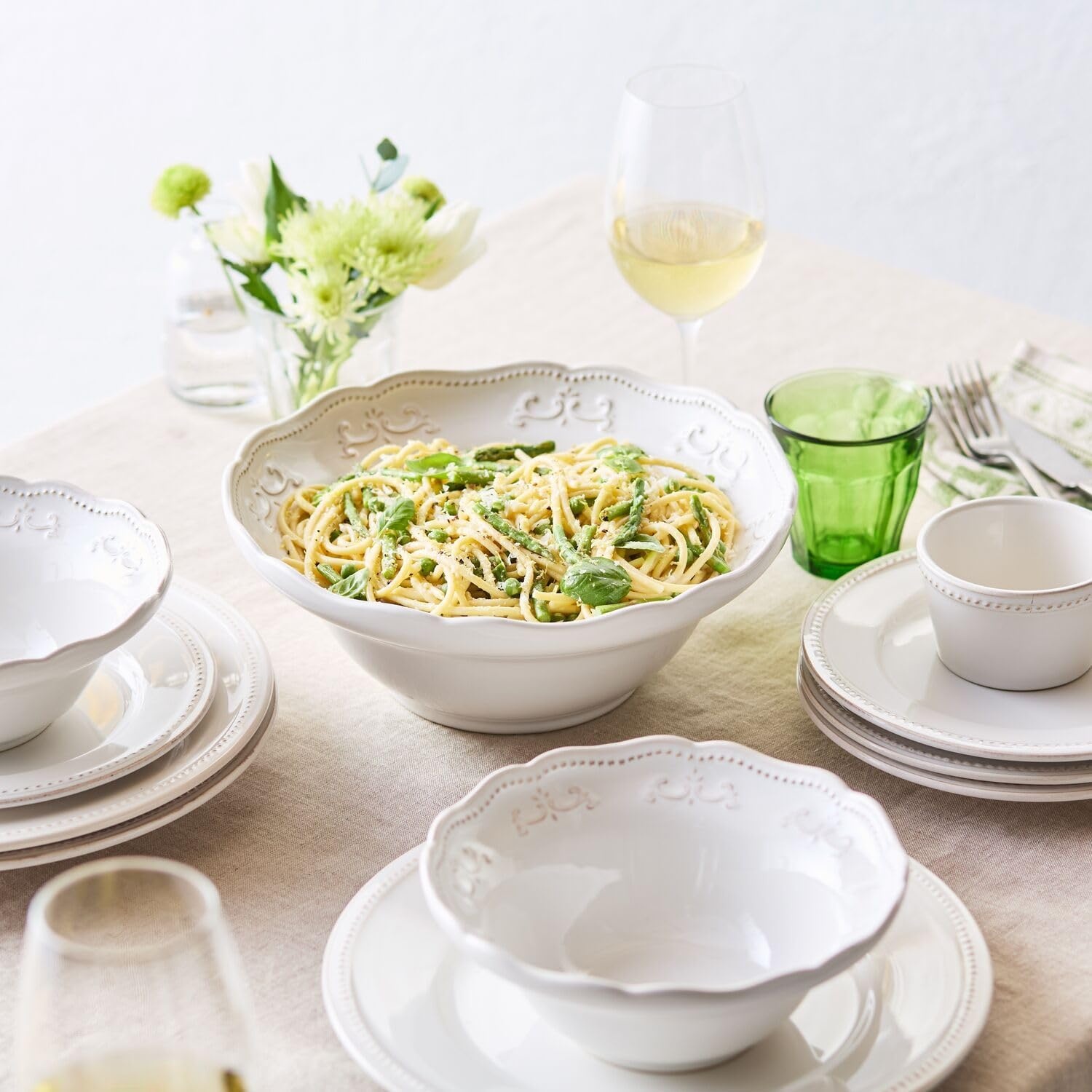 image:imageSur La Table Pearl Dinner Plates White Raised Dot Border with Distressed White Glaze for Everyday and Formal Dining Set of 4White