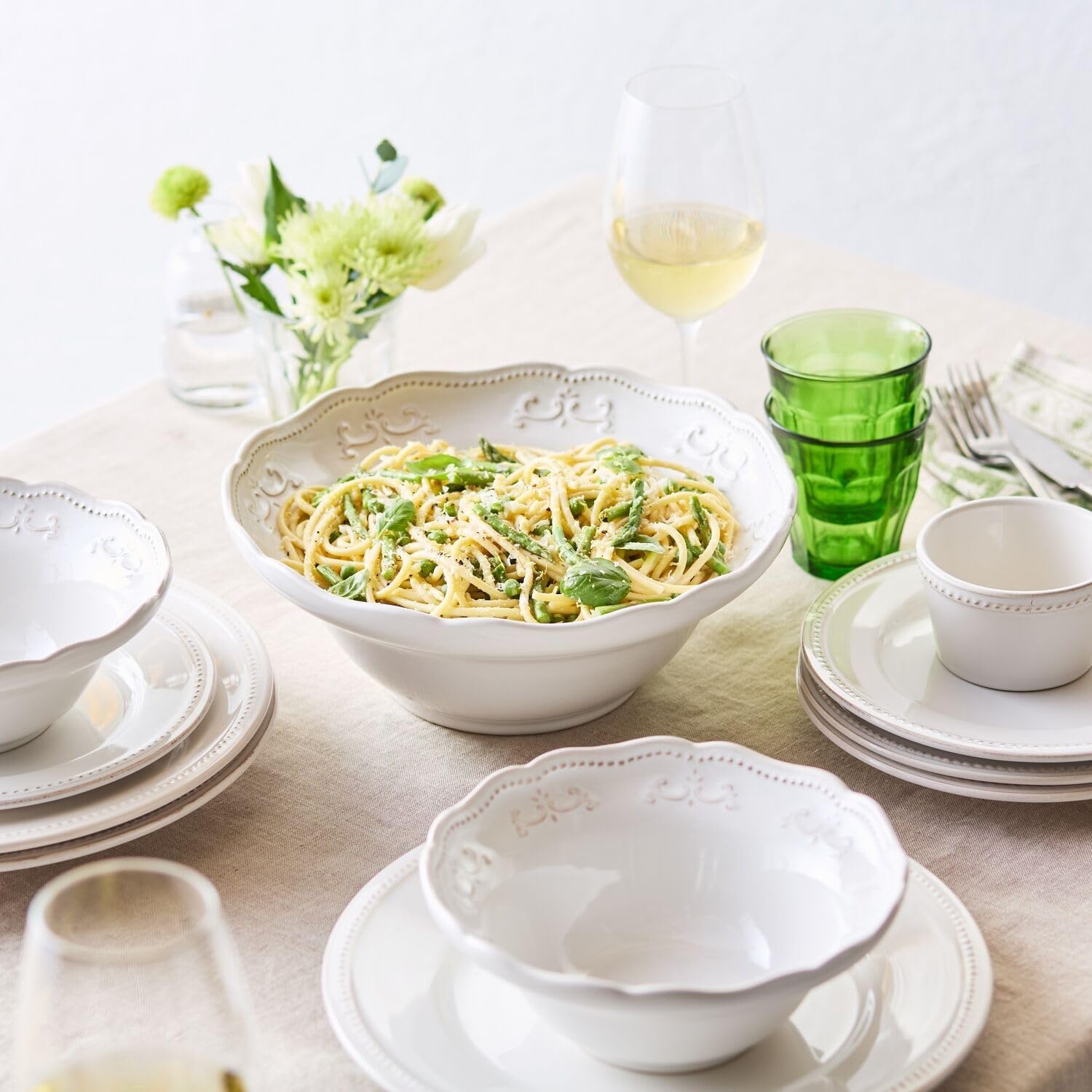 image:imageSur La Table Pearl Dinner Plates White Raised Dot Border with Distressed White Glaze for Everyday and Formal Dining Set of 4White