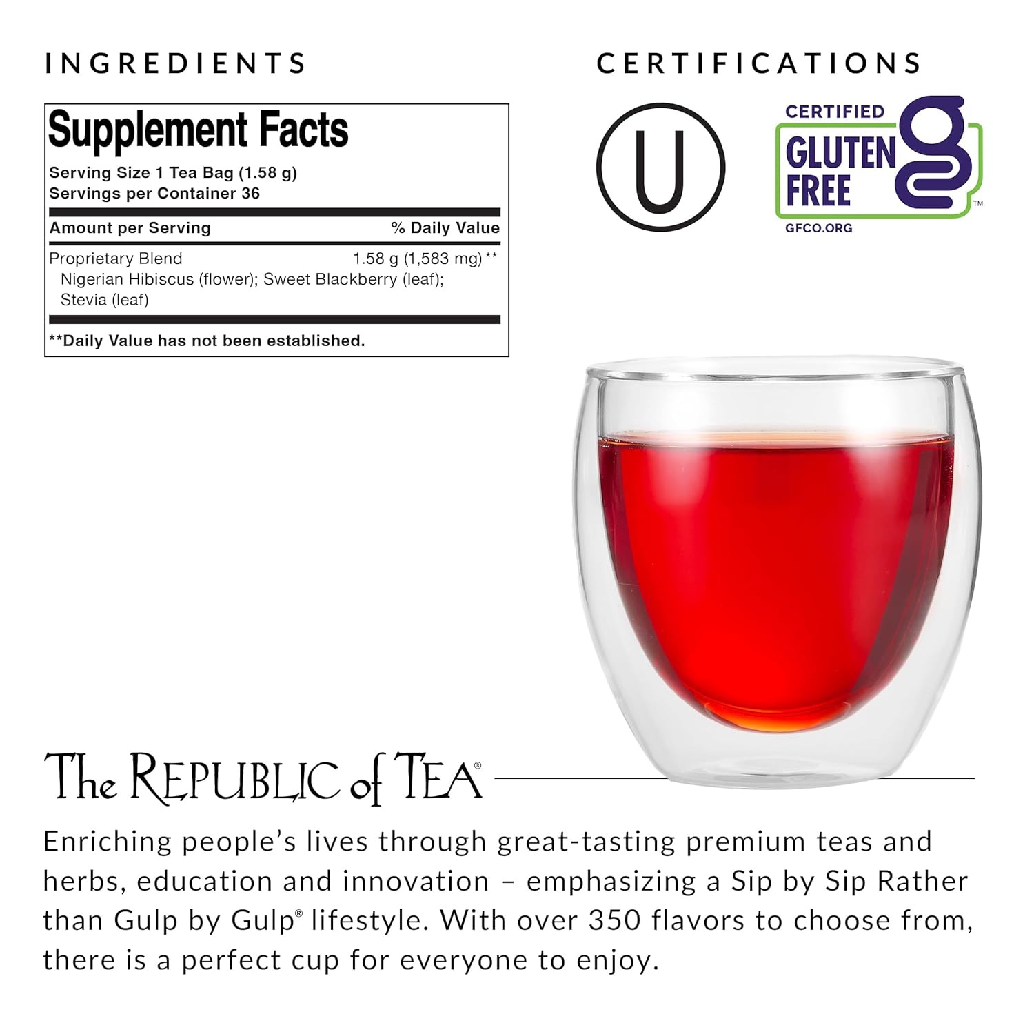 image:imageThe Republic of Tea Natural Hibiscus Tea 36 Tea Bags Herbal Blend Caffeine Free Gluten Free36 Count Pack of 1
